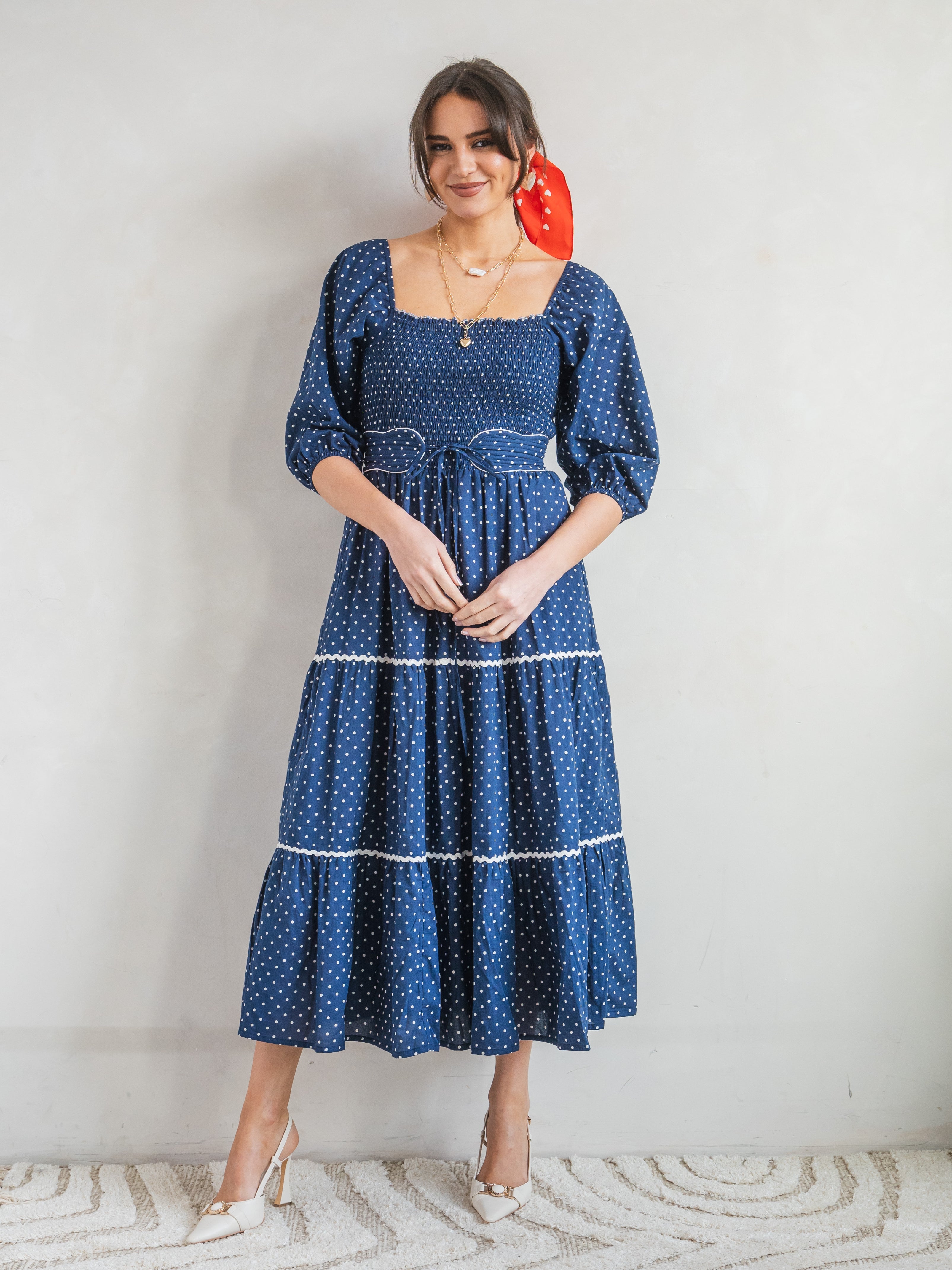 'HONOUR' DRESS IN NAVY DOT