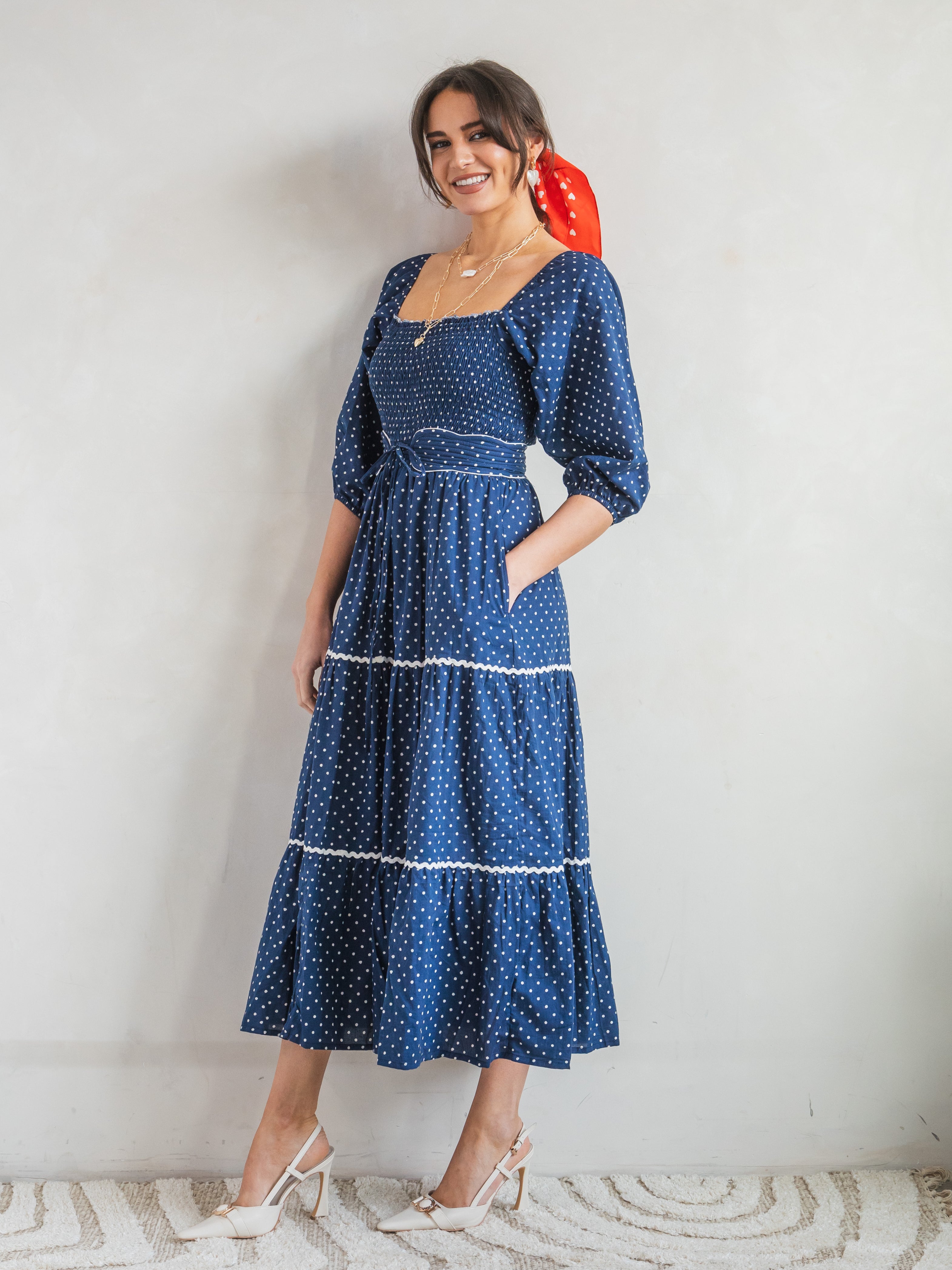 'HONOUR' DRESS IN NAVY DOT