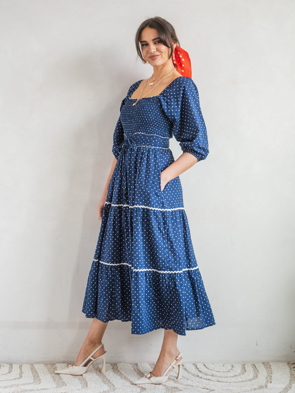 'HONOUR' DRESS IN NAVY DOT