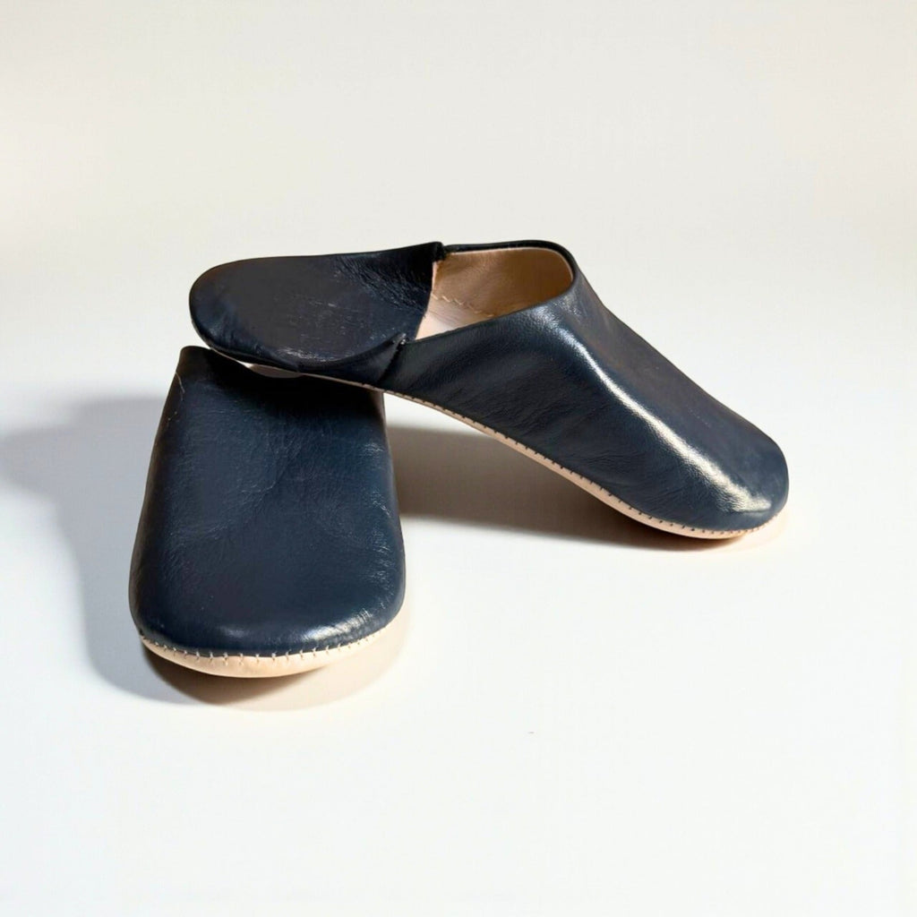 Handmade Moroccan Leather Babouche Slippers | Navy Blue