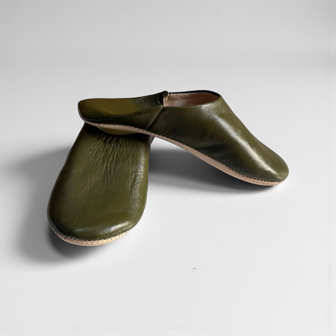 Handmade Moroccan Leather Babouche Slippers | Olive Green