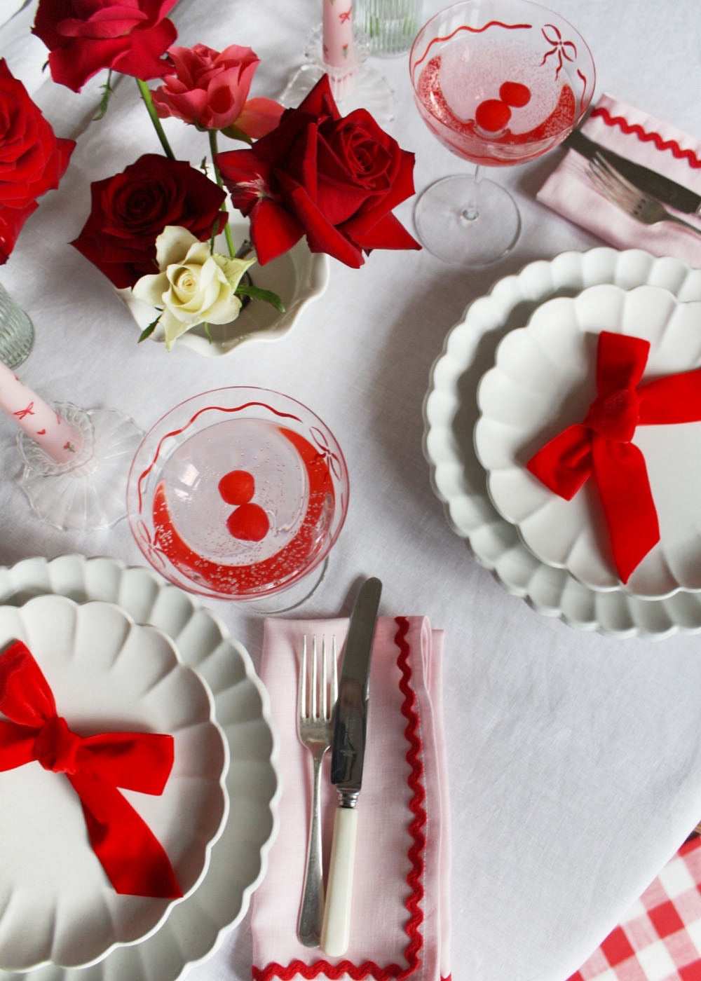 Linen pink & red ric-rac napkin set of 2