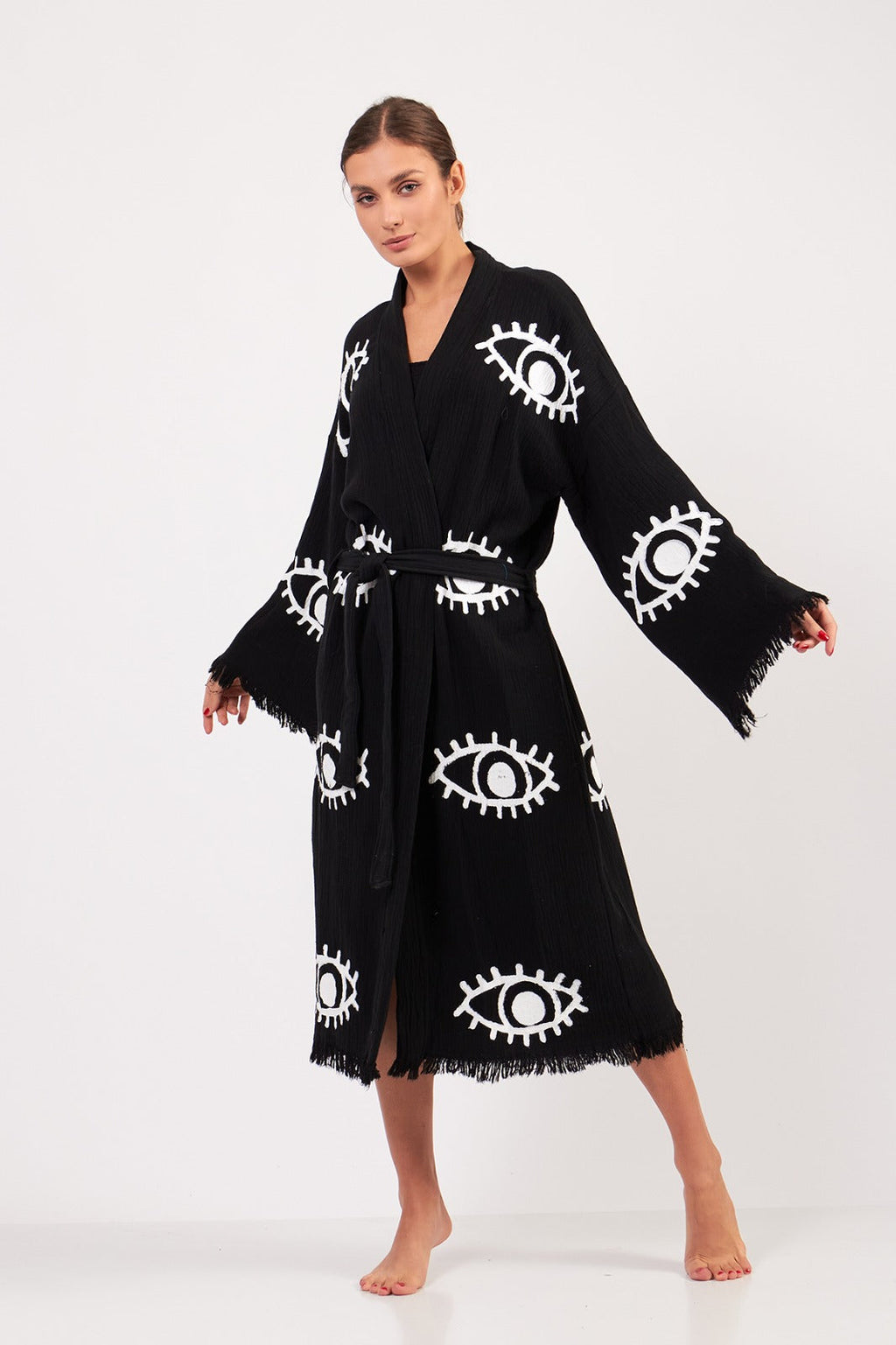Long Cotton Robe: Black with White Eye