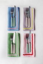 Linen blue & coral ric-rac napkin set of 2