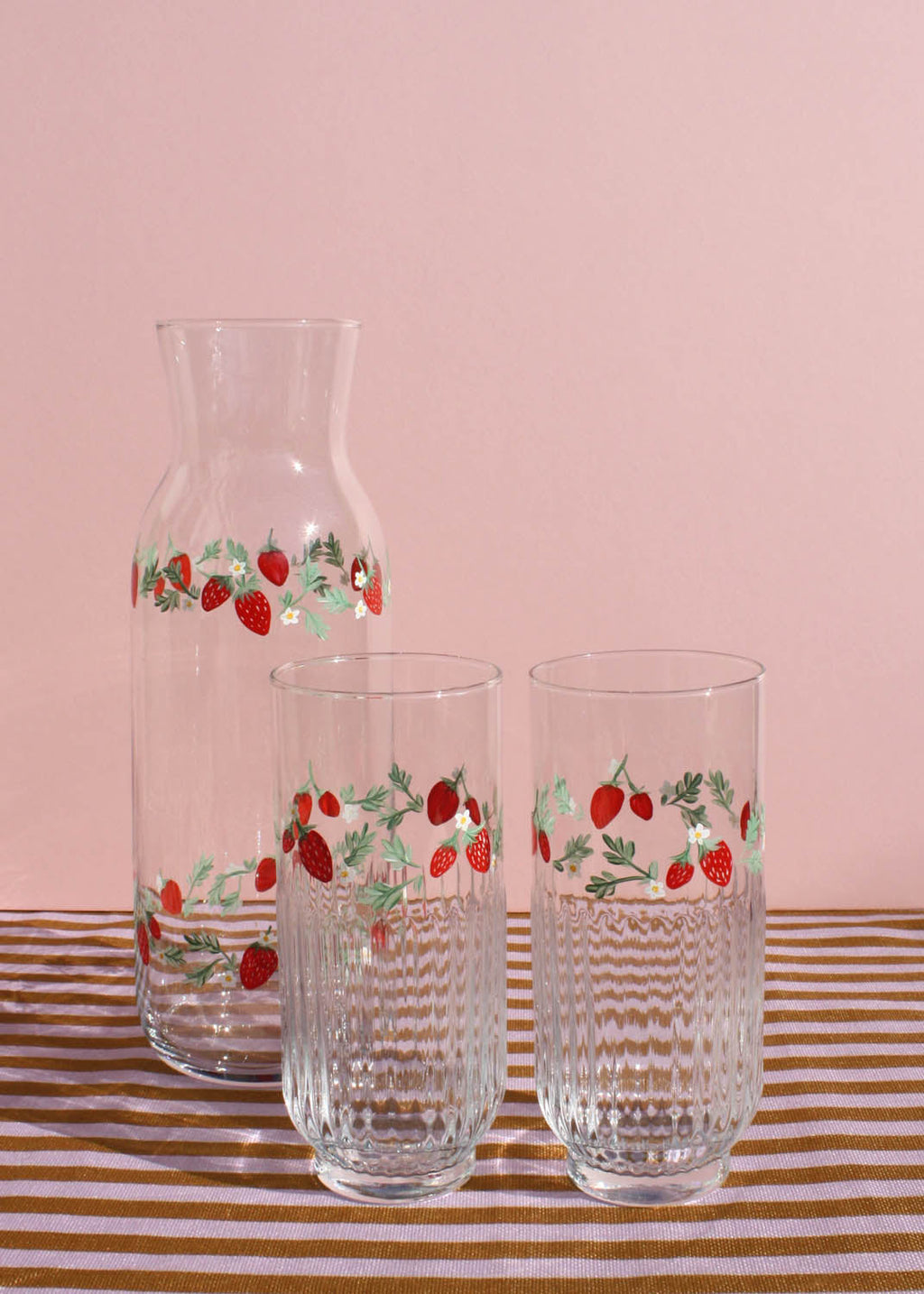 Strawberry ribbed highball glasses set of 2