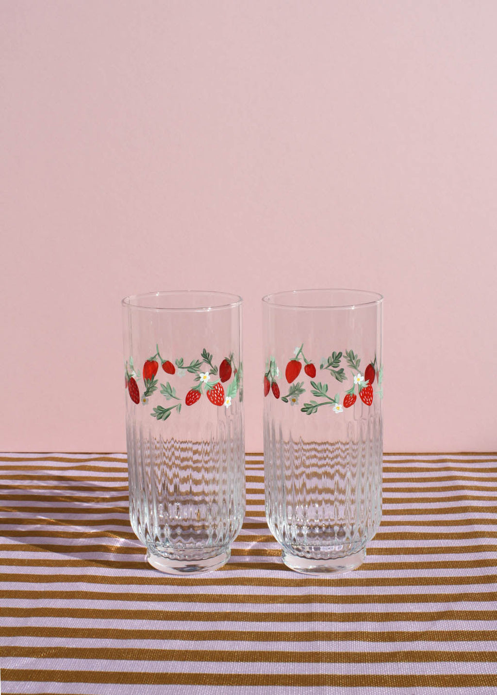 Strawberry ribbed highball glasses set of 2
