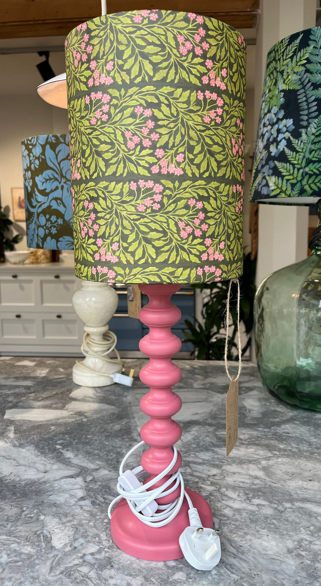 William Morris Inspired Lampshade with a Pink Bobble Base