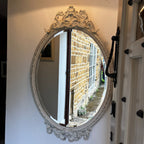 Large Vintage Ornate Oval Bevelled Mirror with White Carved Frame