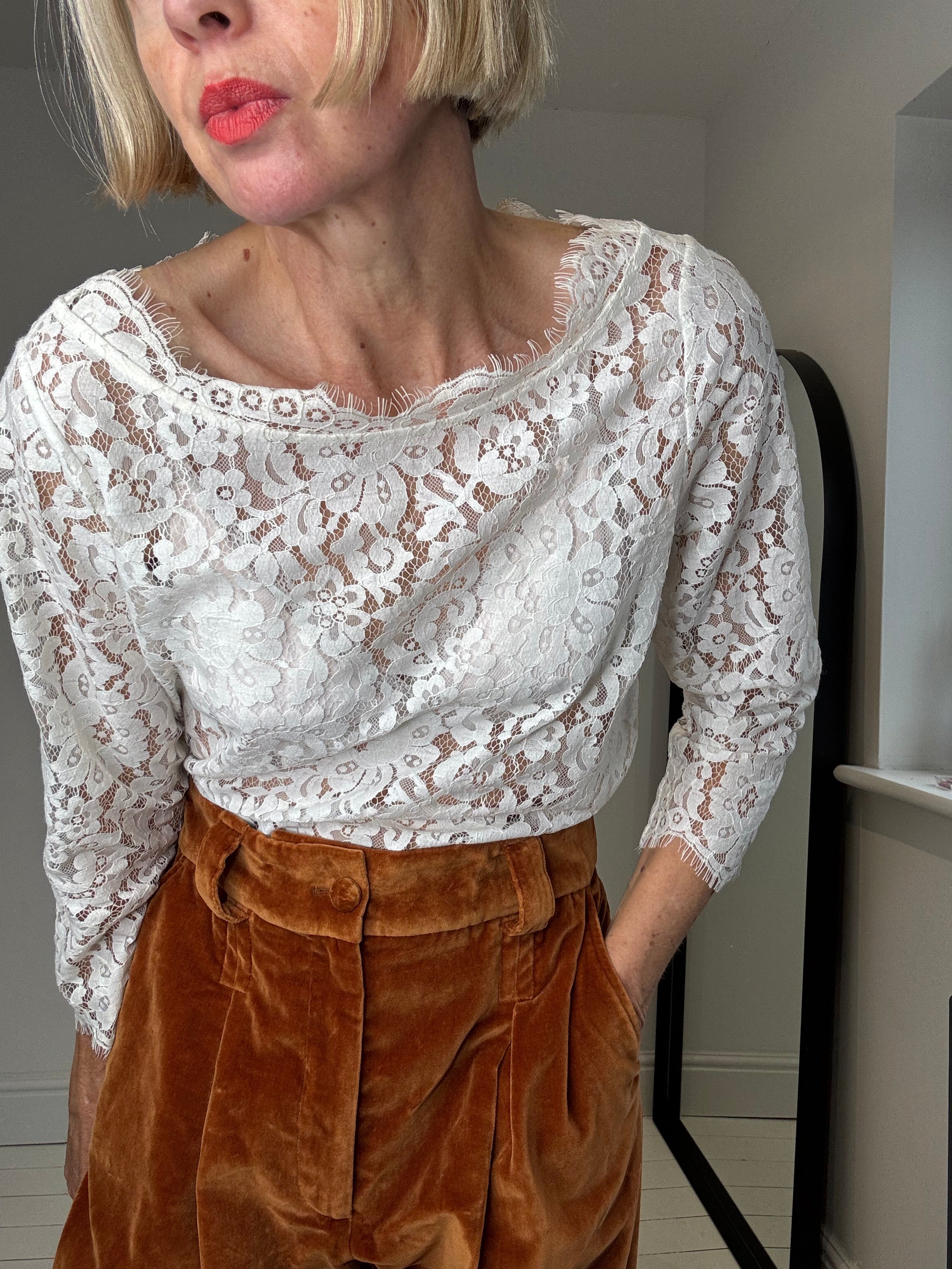 JOIE cotton & nylon guipure lace blouse