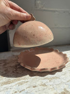 Speckle glazed hand made ceramic butter dish with scalloped edge