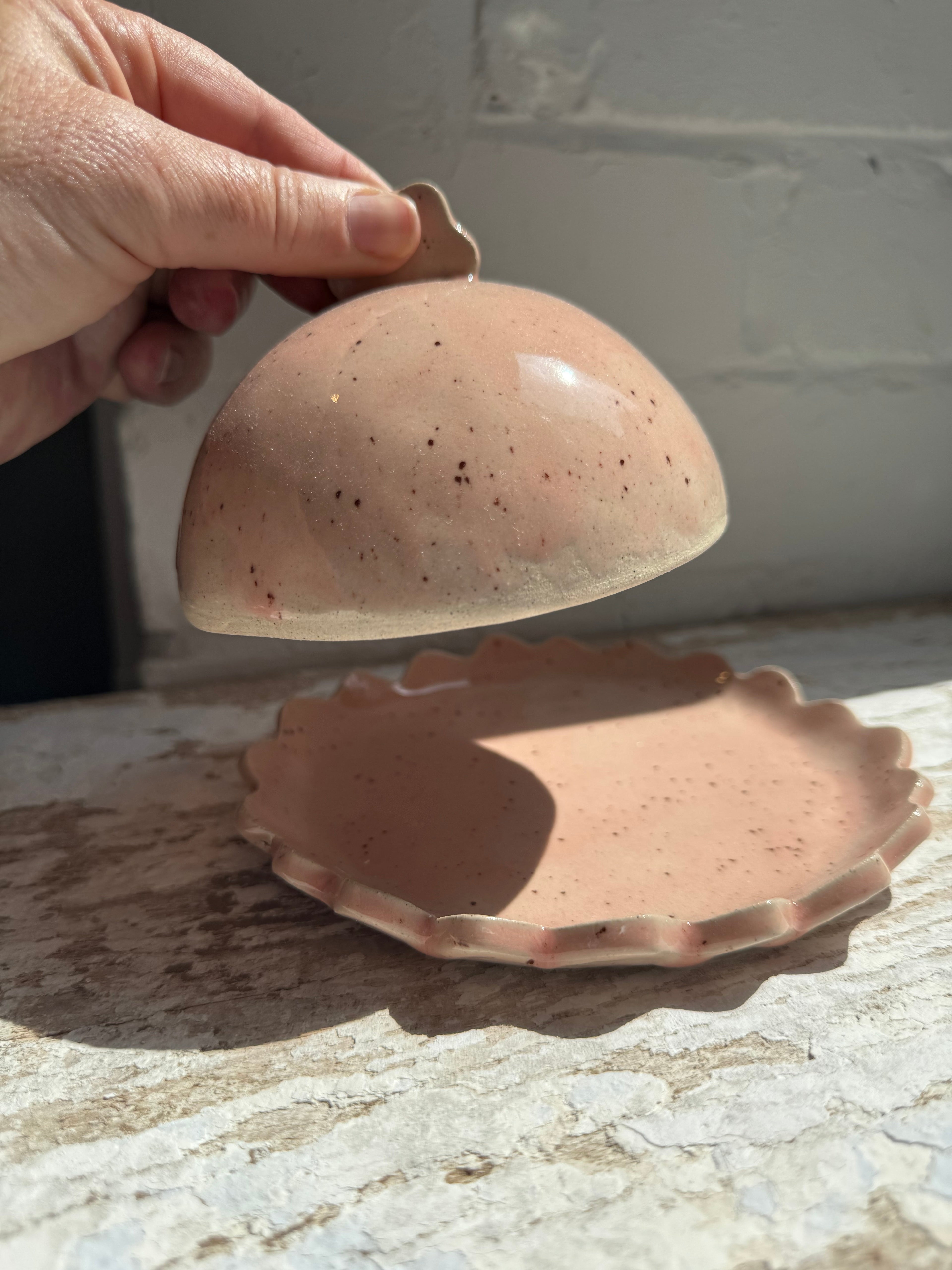 Speckle glazed hand made ceramic butter dish with scalloped edge