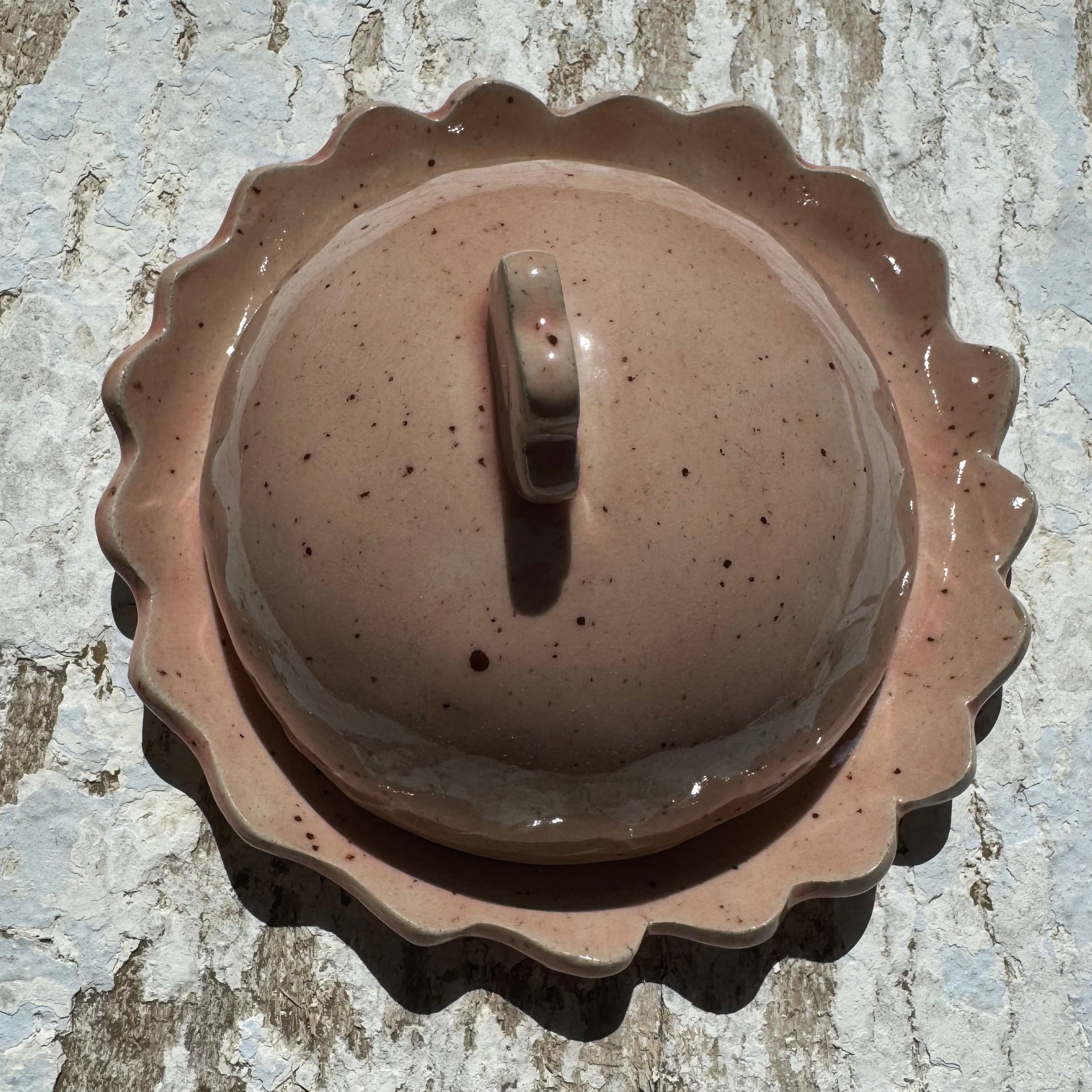 Speckle glazed hand made ceramic butter dish with scalloped edge