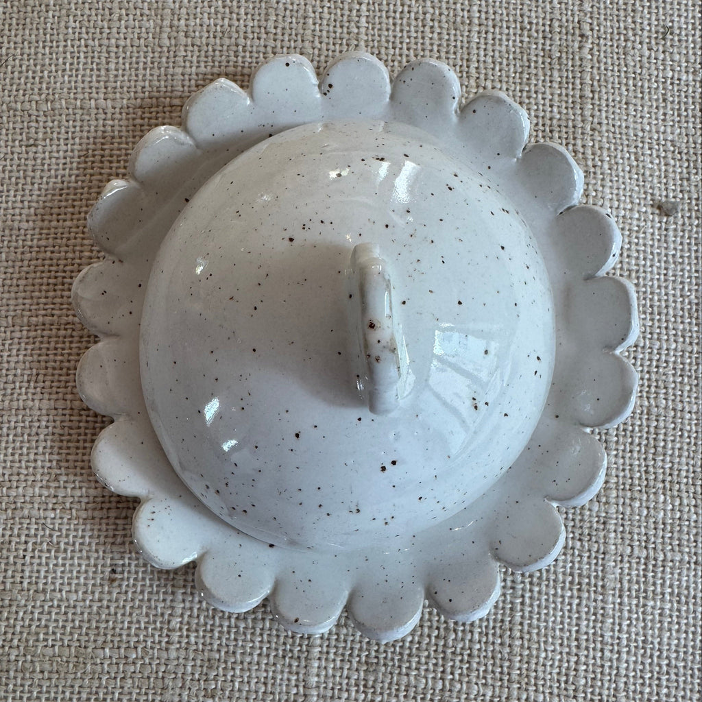 Speckle glazed hand made ceramic butter dish with scalloped edge