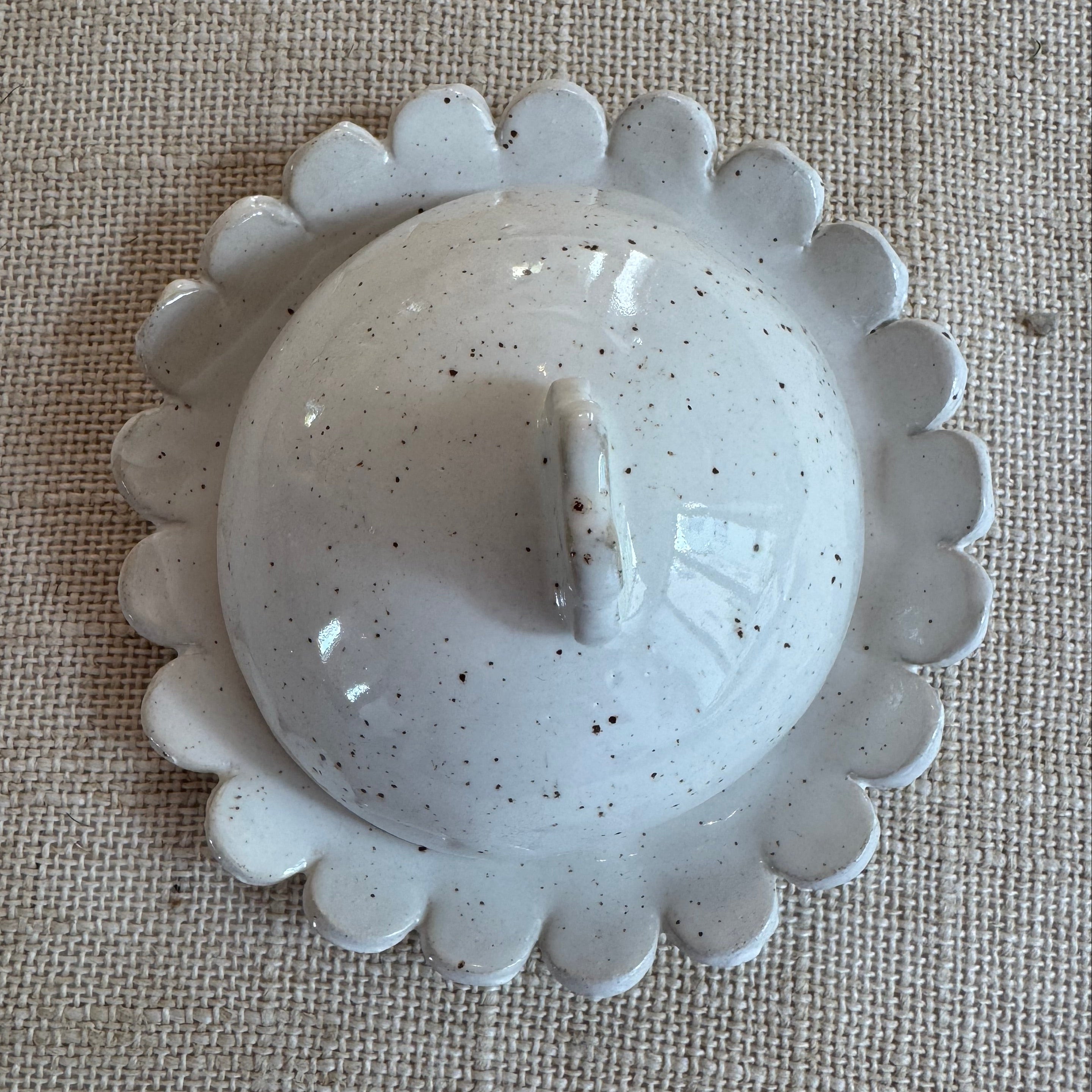 Speckle glazed hand made ceramic butter dish with scalloped edge
