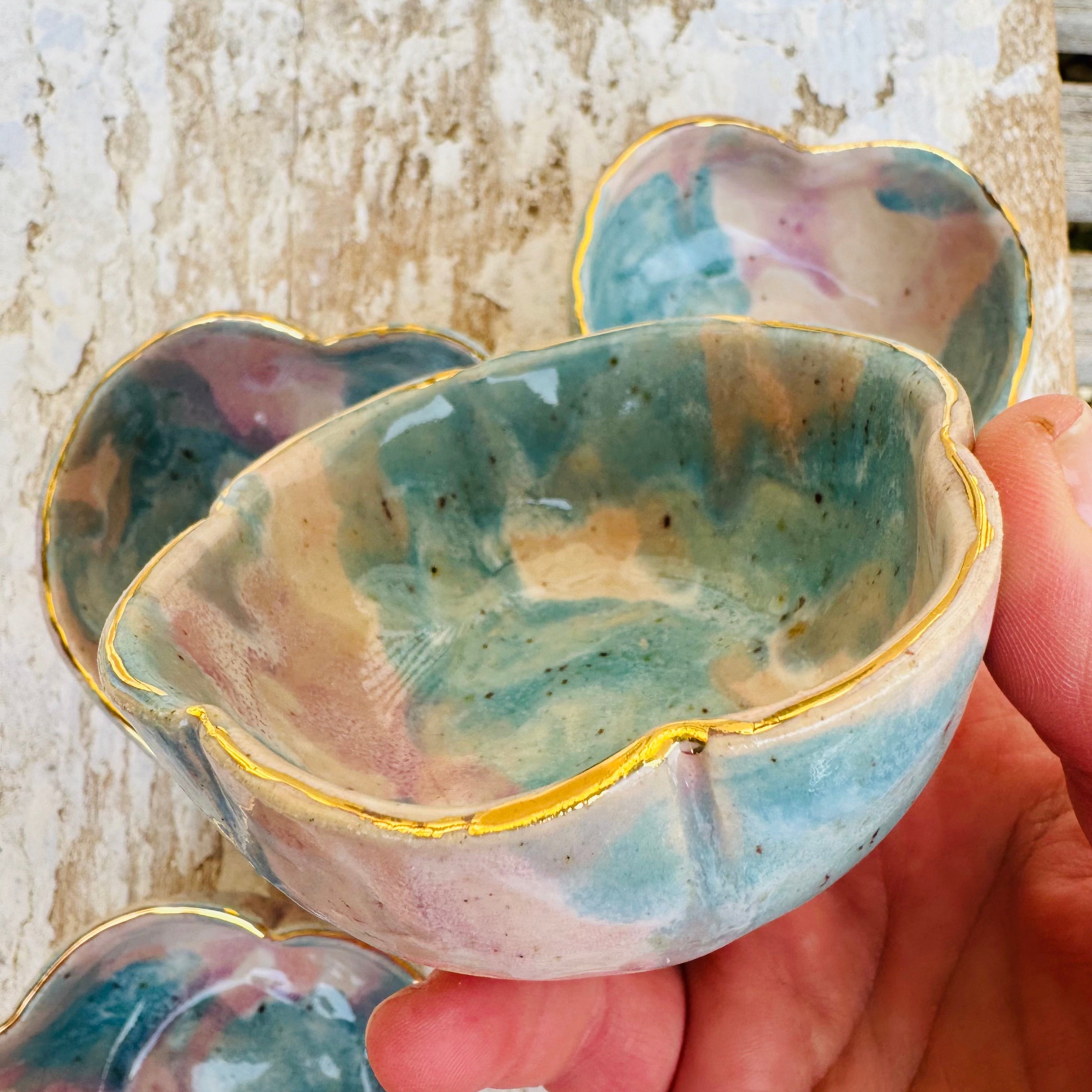 Pastel colour glazed ceramic flower shaped bowls