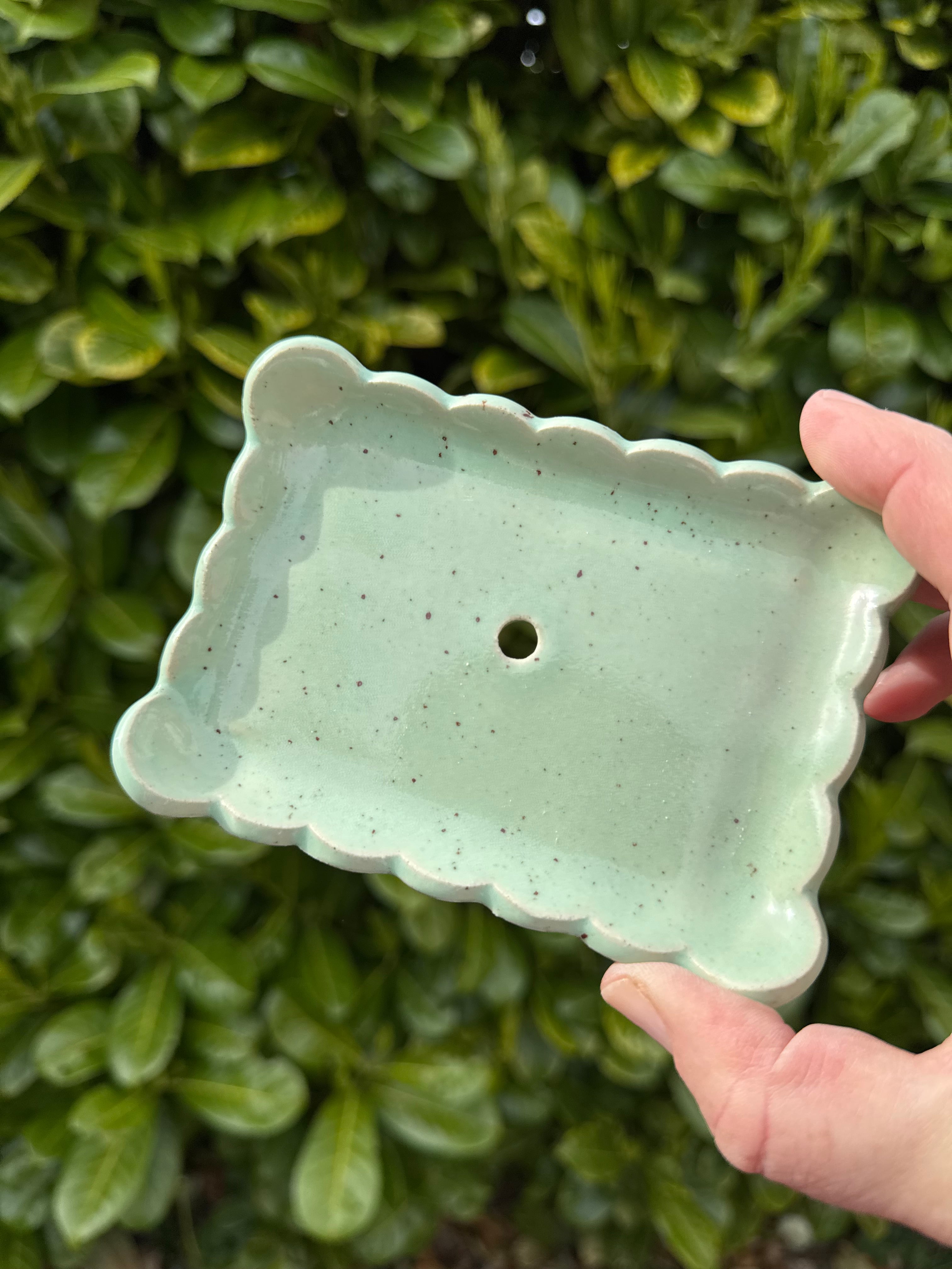 Rectangular scalloped edged soap dish with drainage hole