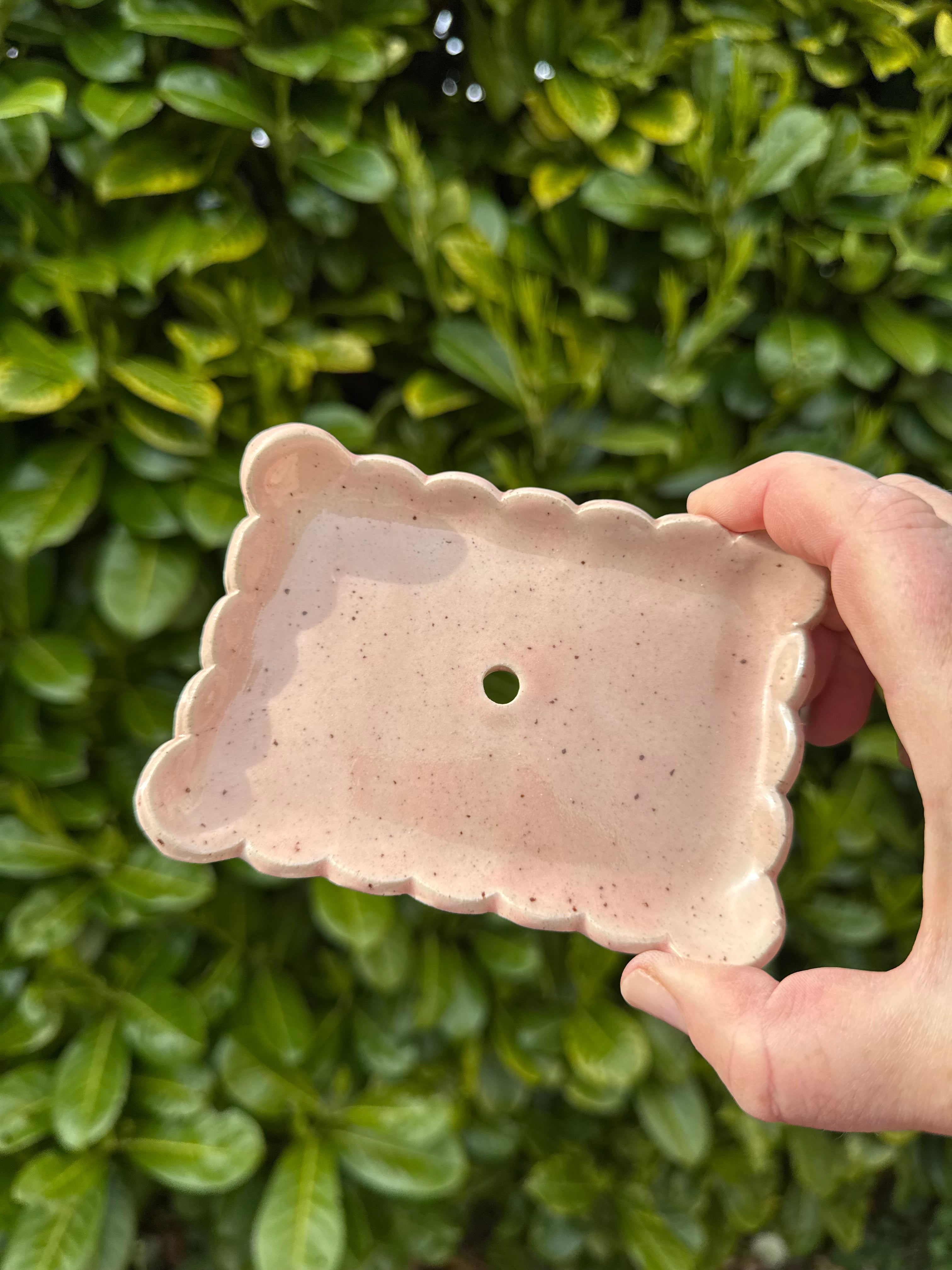 Rectangular scalloped edged soap dish with drainage hole