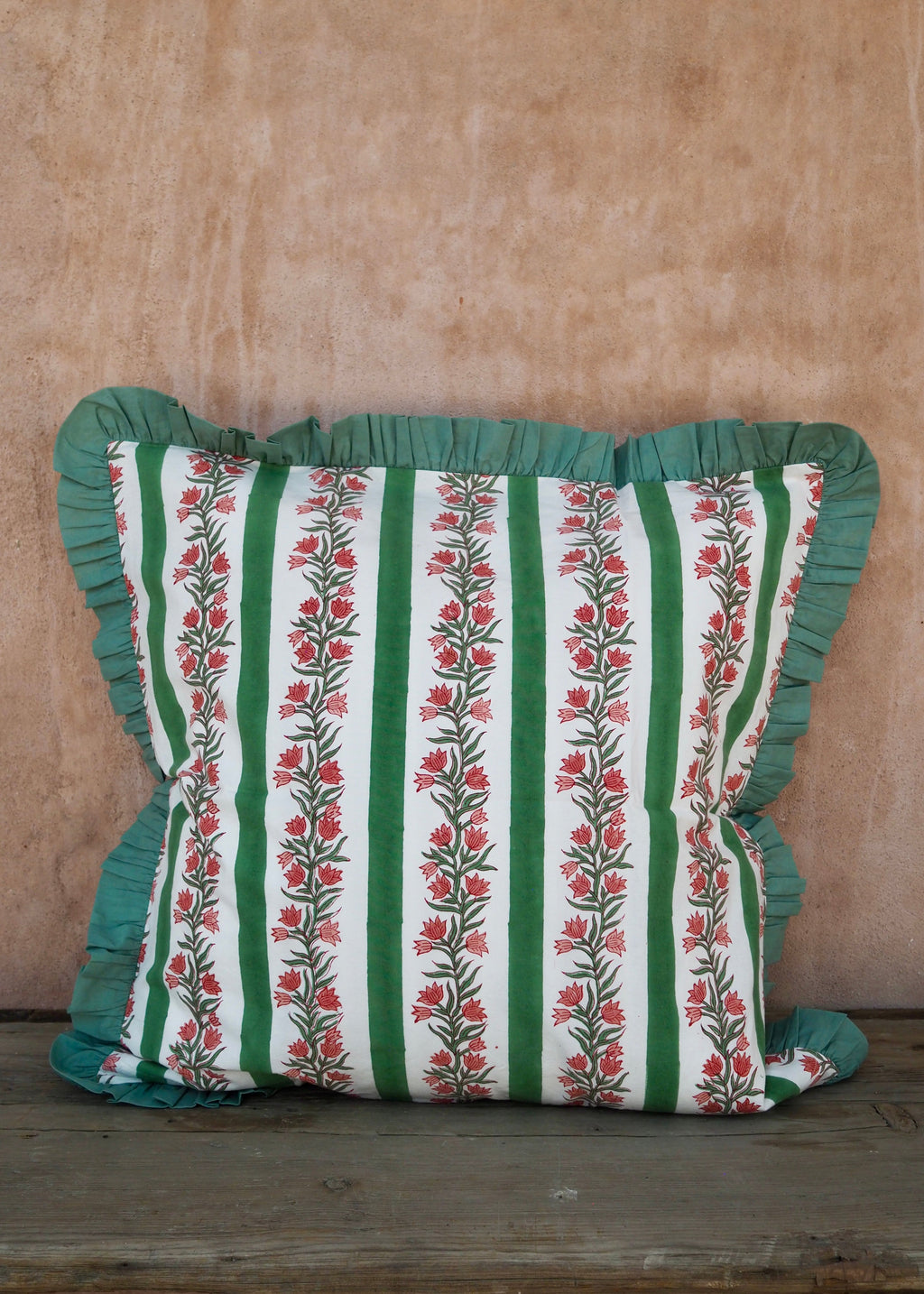 Large Green Floral and Stripe Reversible Cushion Cover