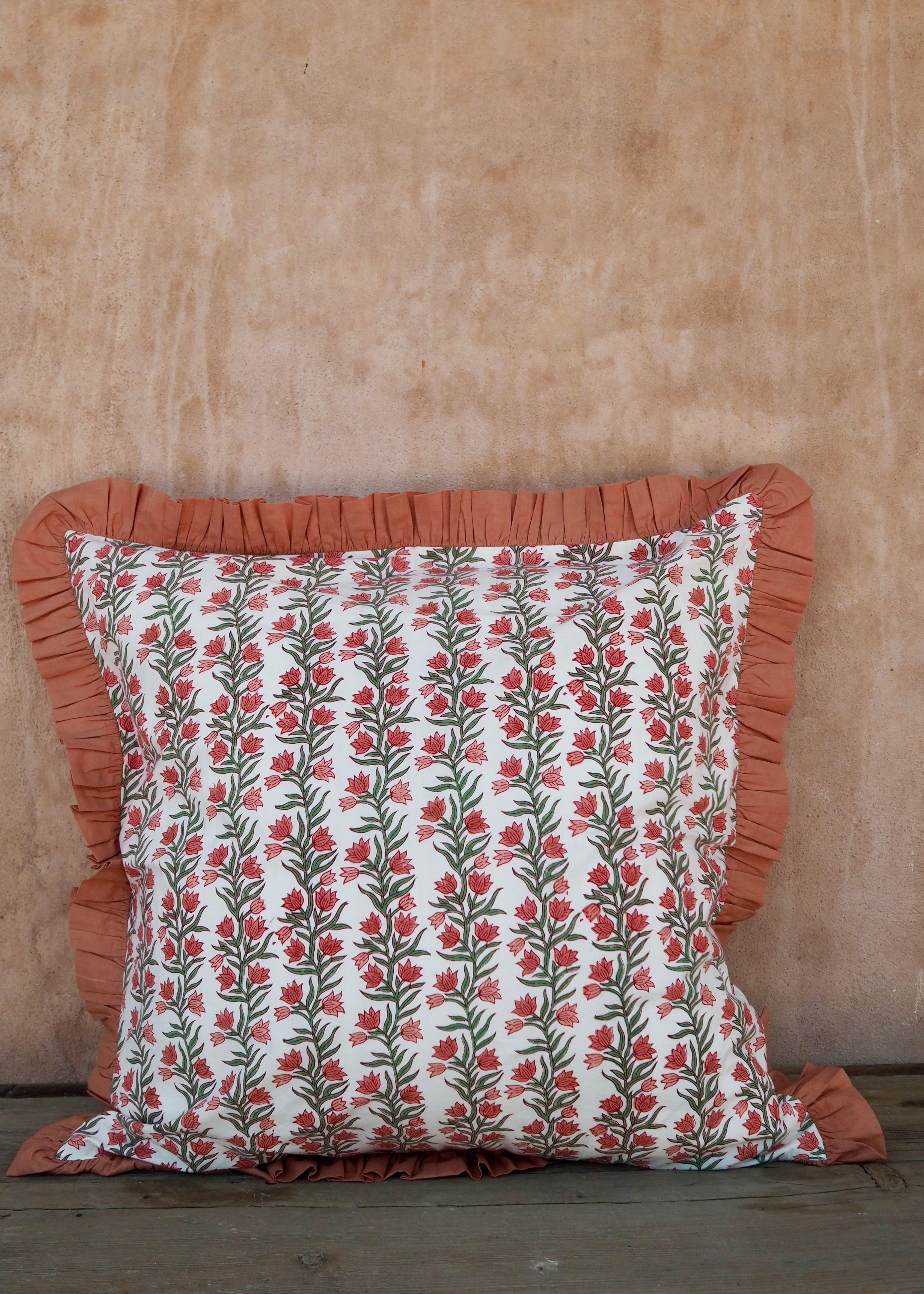 Large Terracotta Pink Floral and Stripe Reversible Cushion Cover