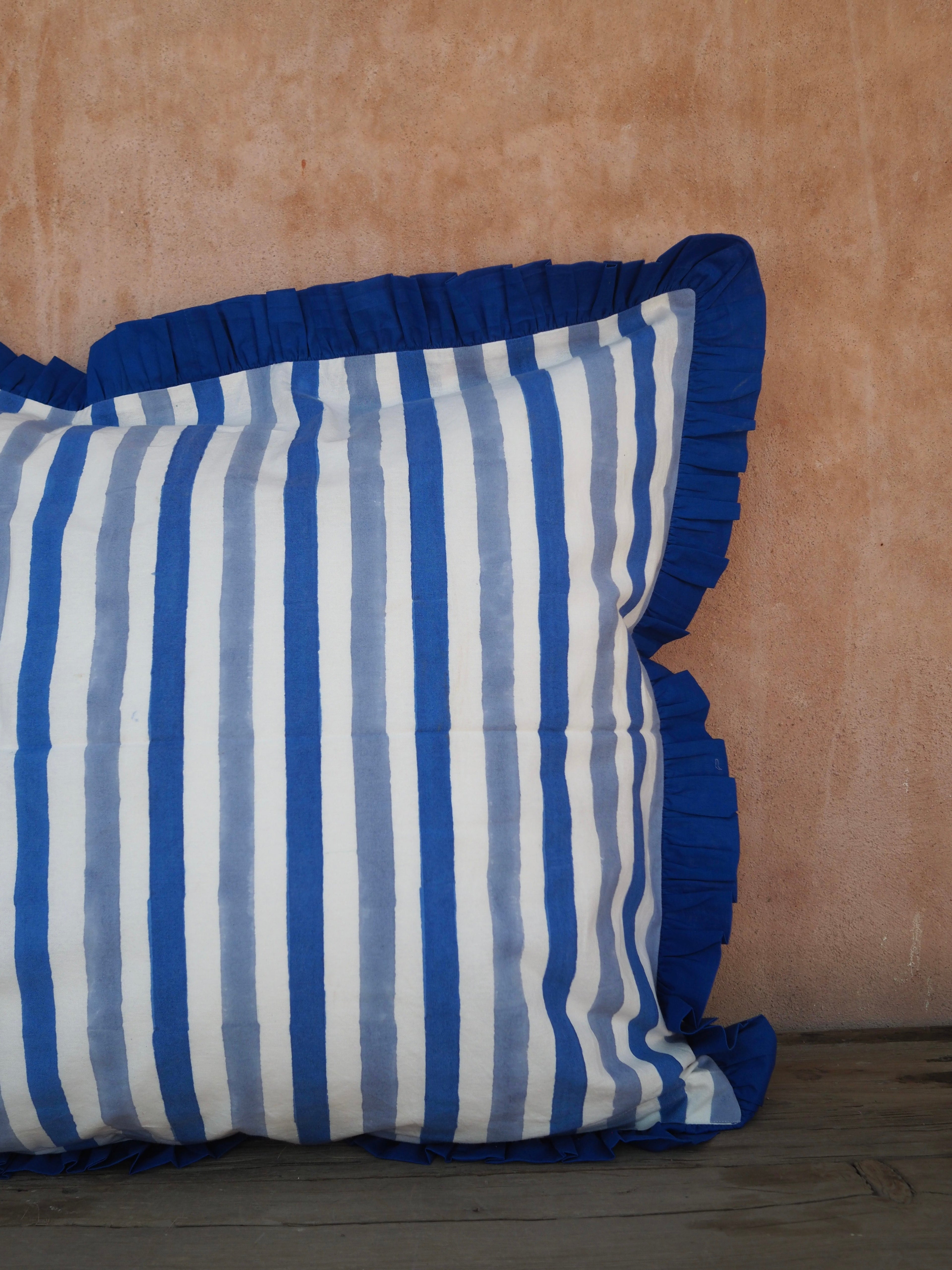 Large Blue Floral Stripe Reversible Cushion Cover