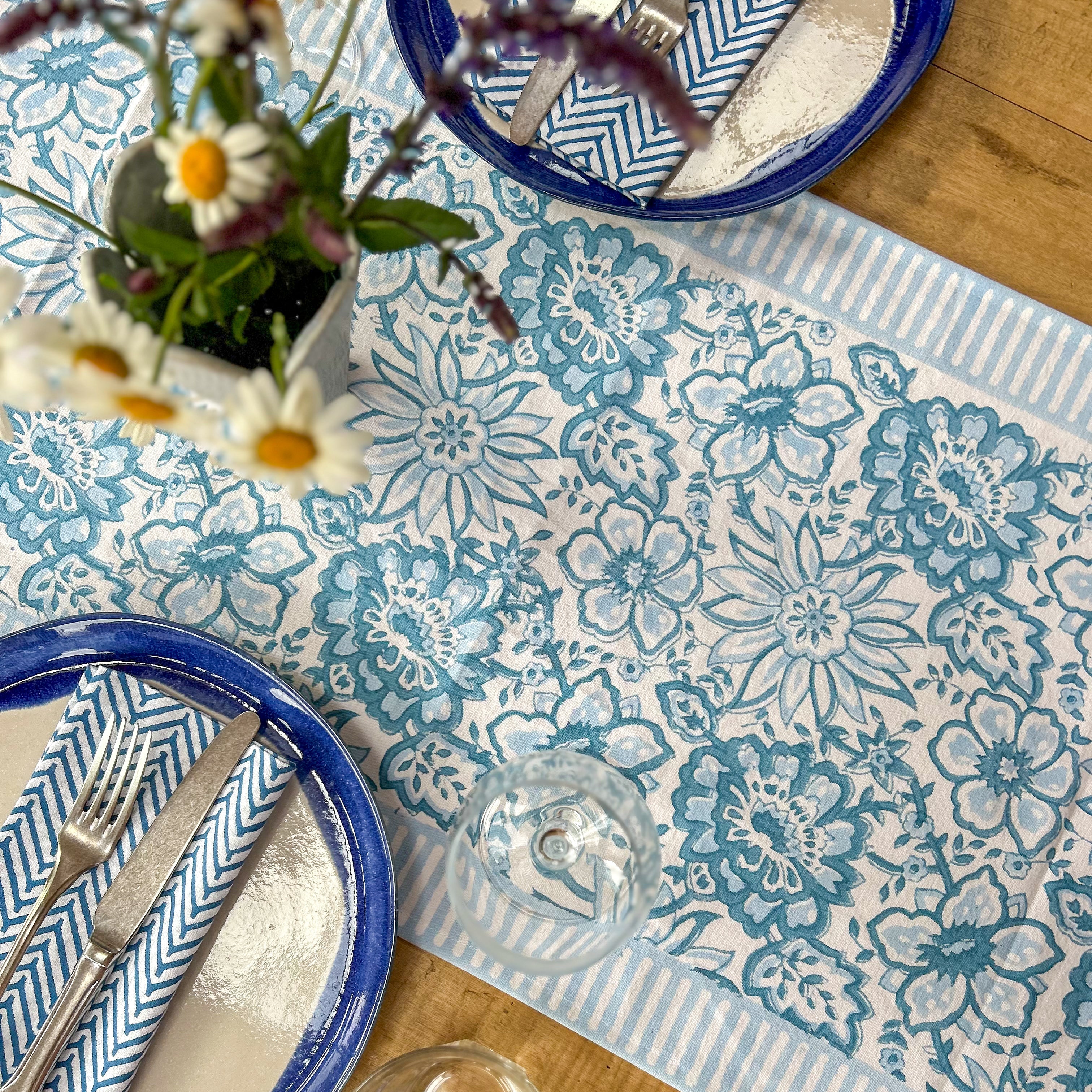 MEADOW BABY BLUE hand block printed runner