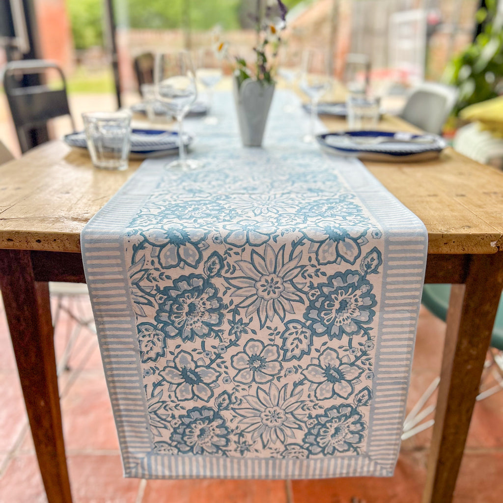 MEADOW BABY BLUE hand block printed runner