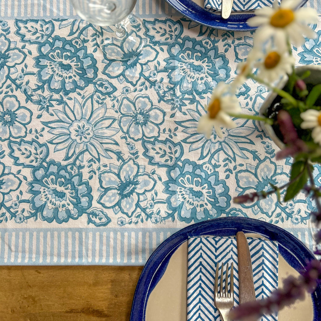 MEADOW BABY BLUE hand block printed runner