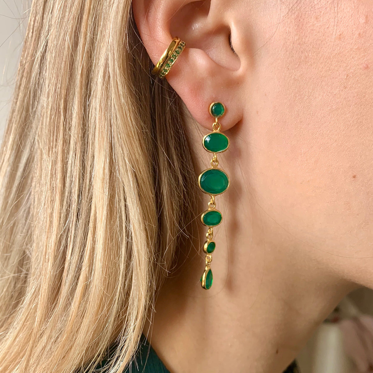 Stud Cascade Earrings in Gold with Green Onyx