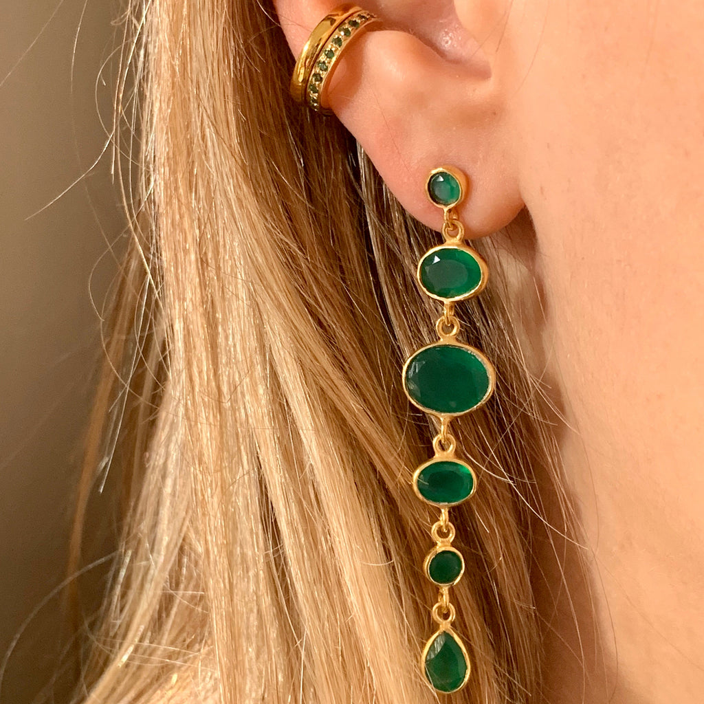 Stud Cascade Earrings in Gold with Green Onyx