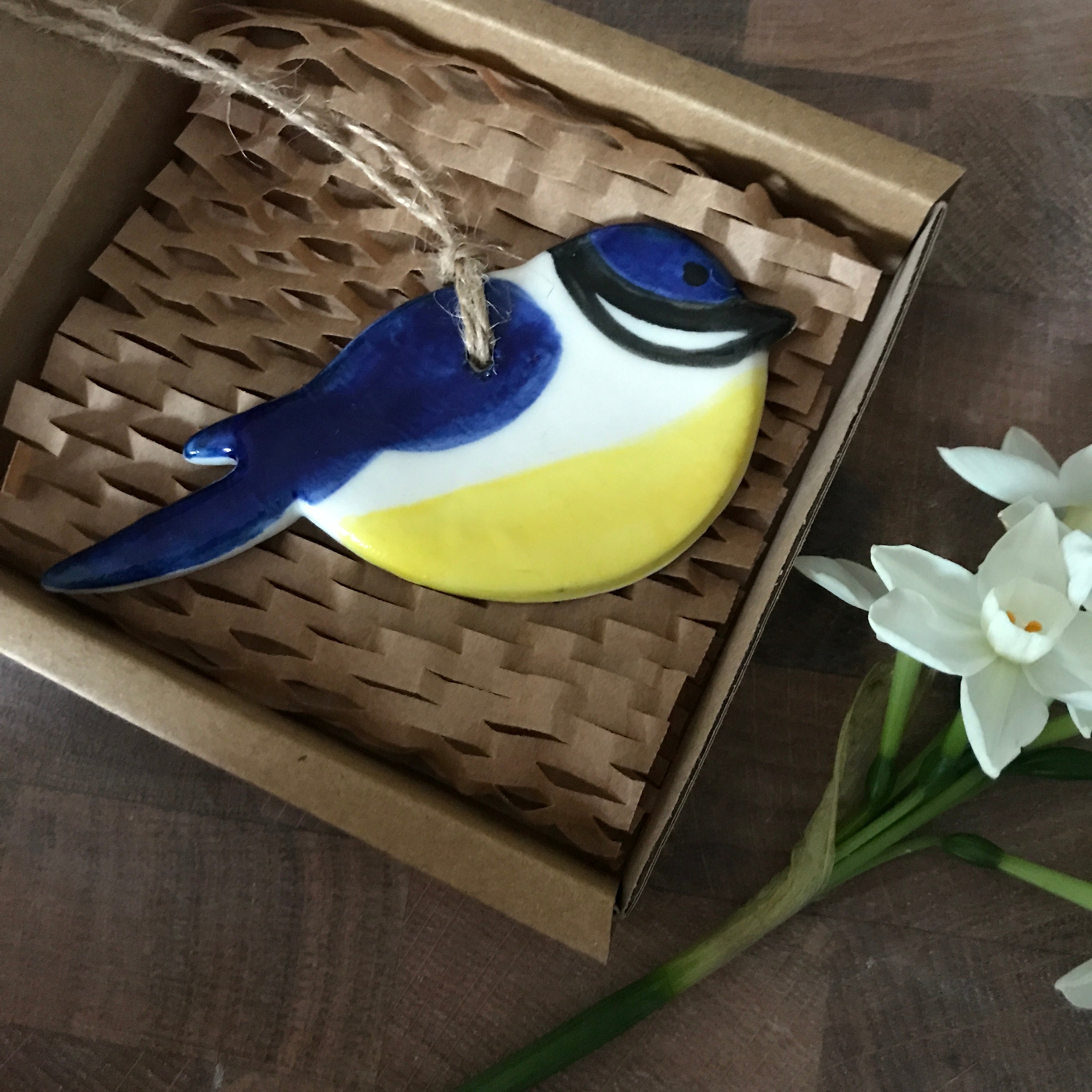 Porcelain Blue Tit, Green Great Tit and Robin bird hanging decoration