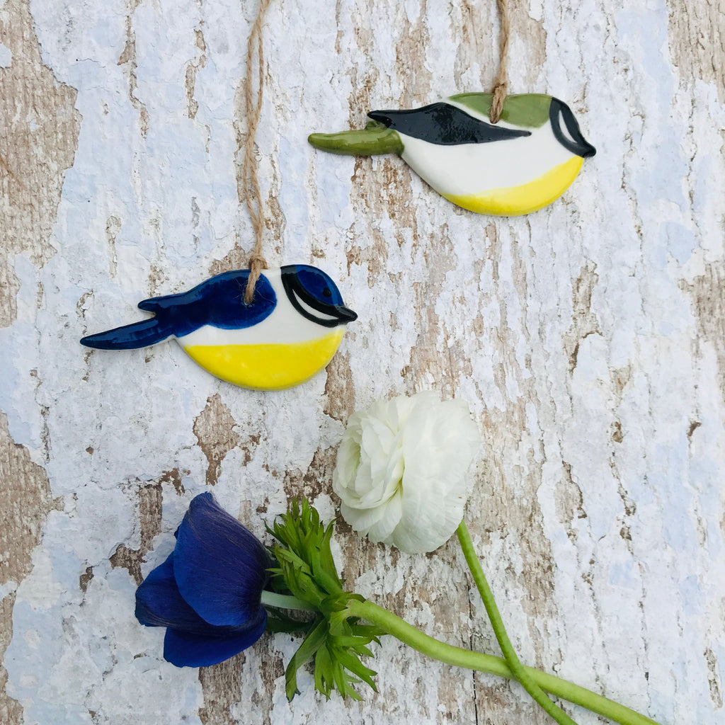 Porcelain Blue Tit, Green Great Tit and Robin bird hanging decoration
