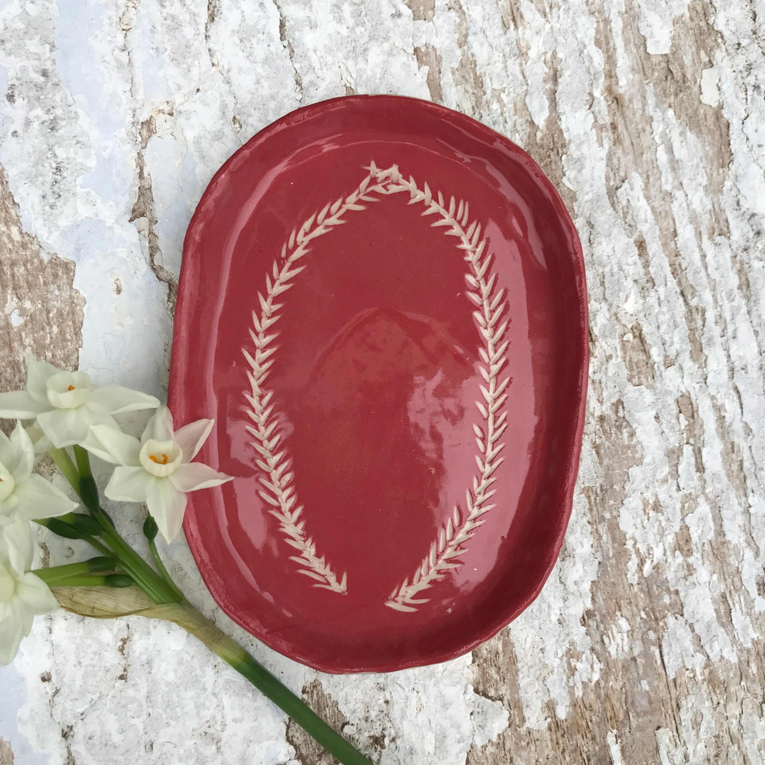 Sgraffito oval ceramic side dish