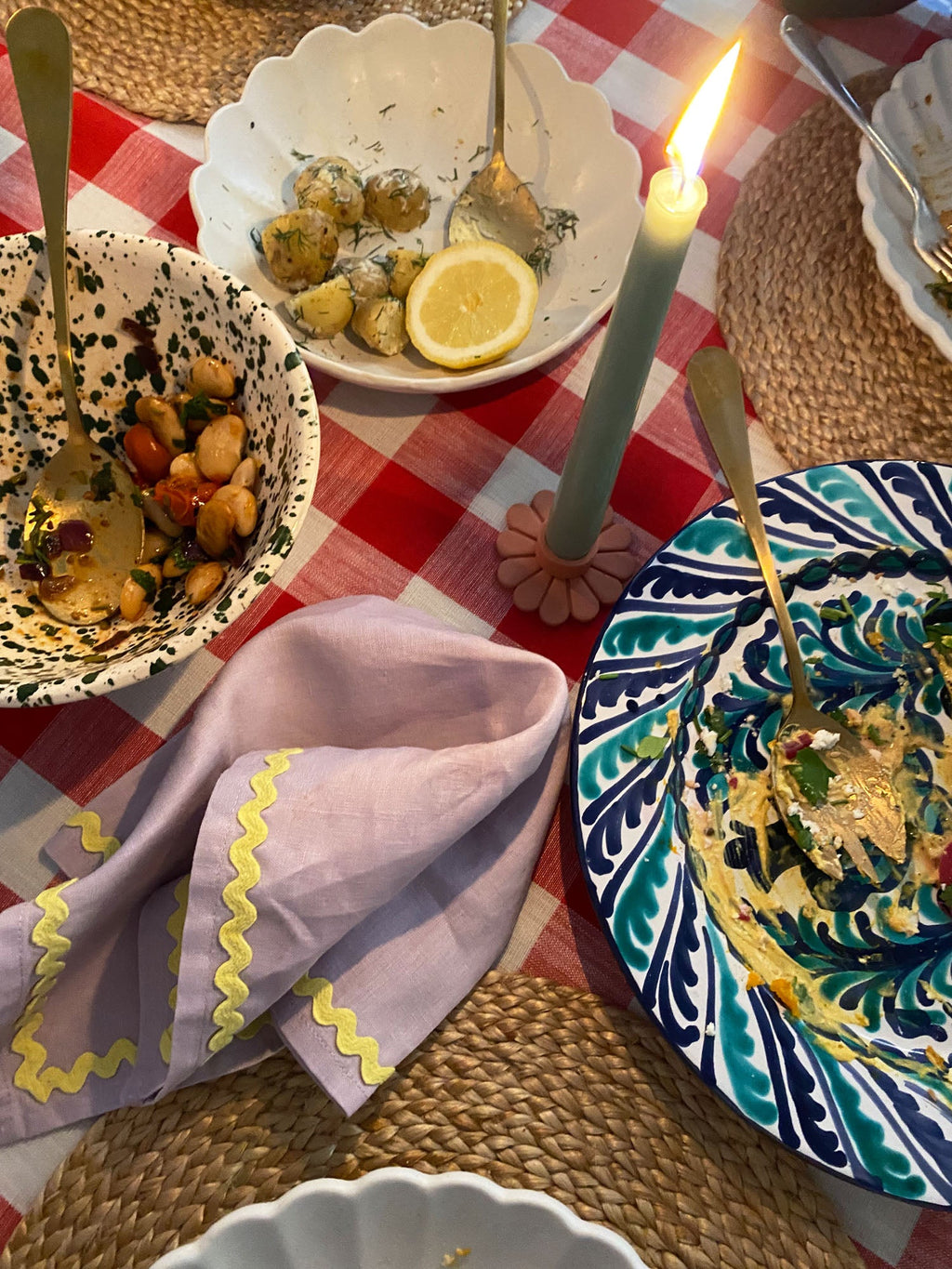 Linen lilac & yellow ric-rac napkin set of 2