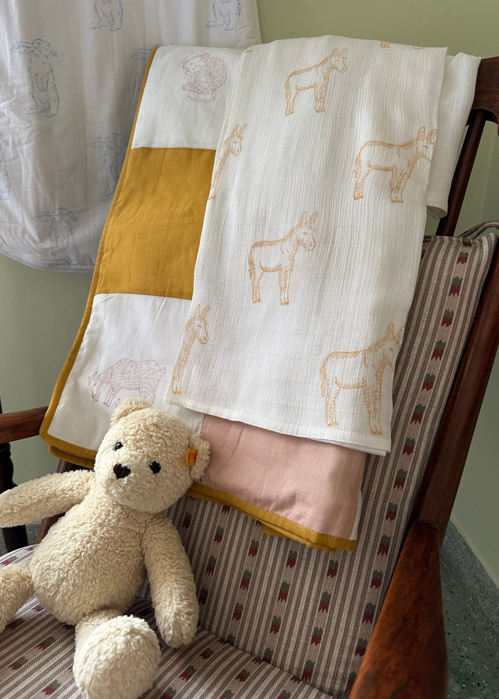 Farmyard Patchwork Baby Quilt - Pink / Yellow