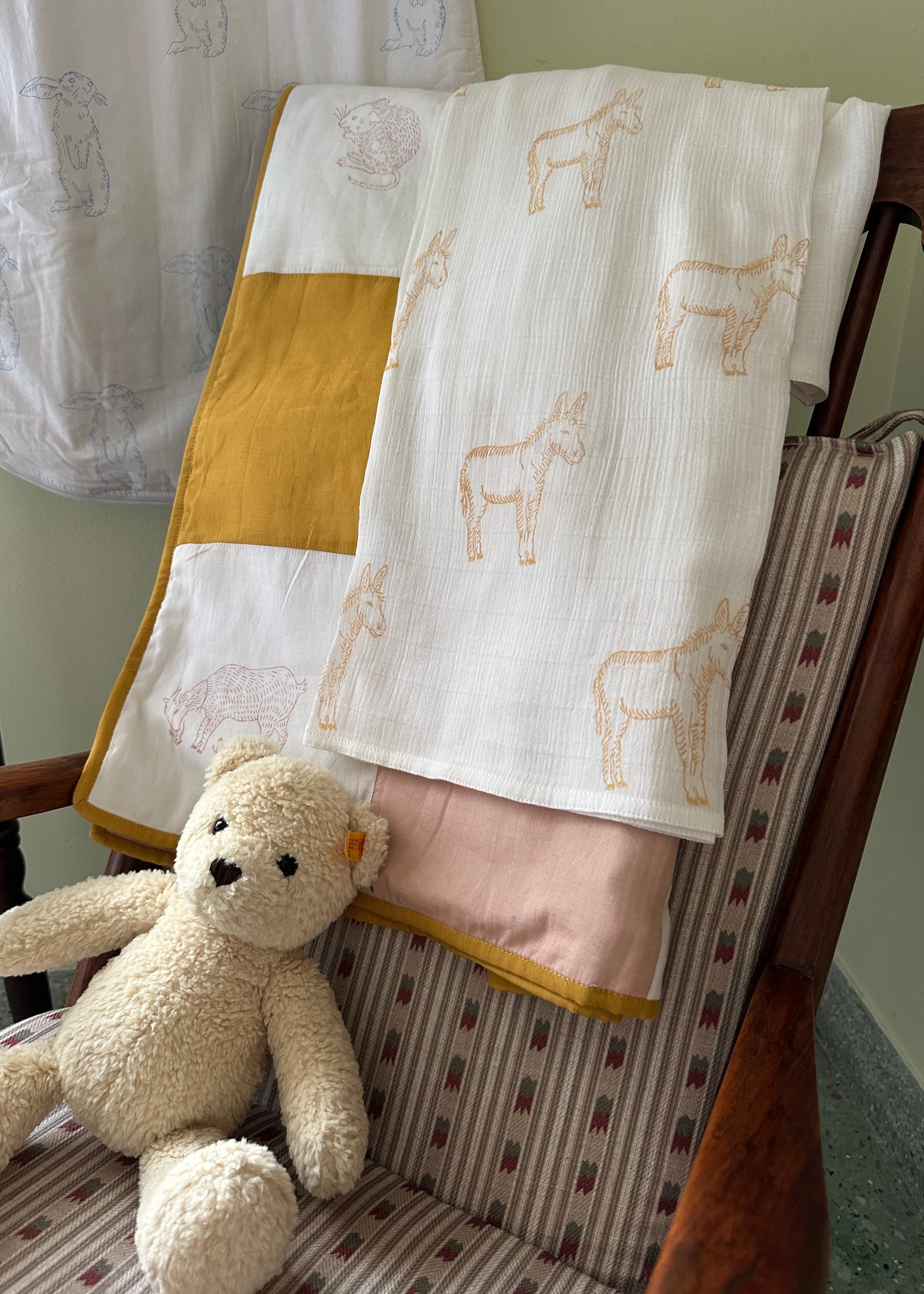 Farmyard Patchwork Baby Quilt - Pink / Yellow