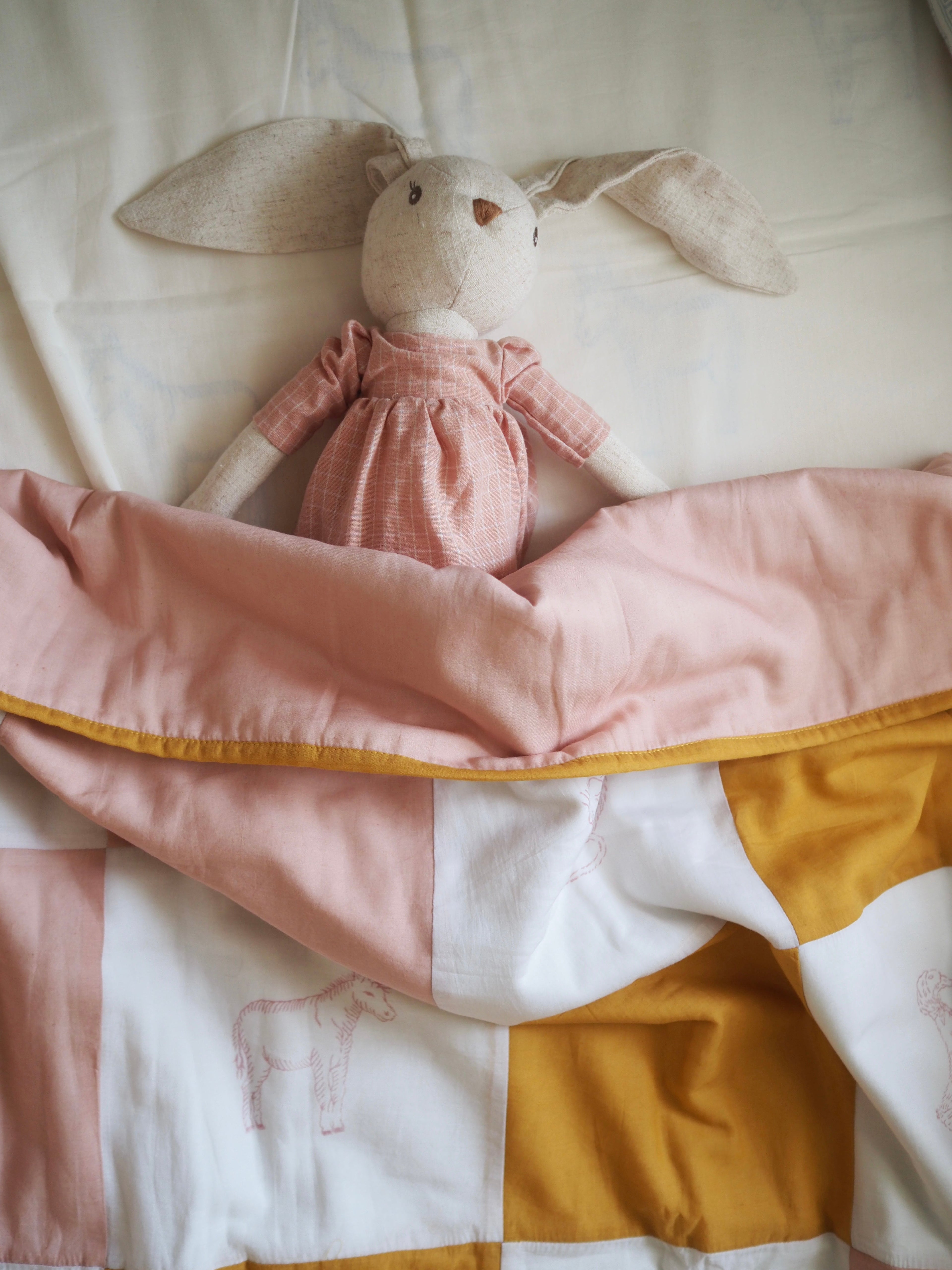 Farmyard Patchwork Baby Quilt - Pink / Yellow