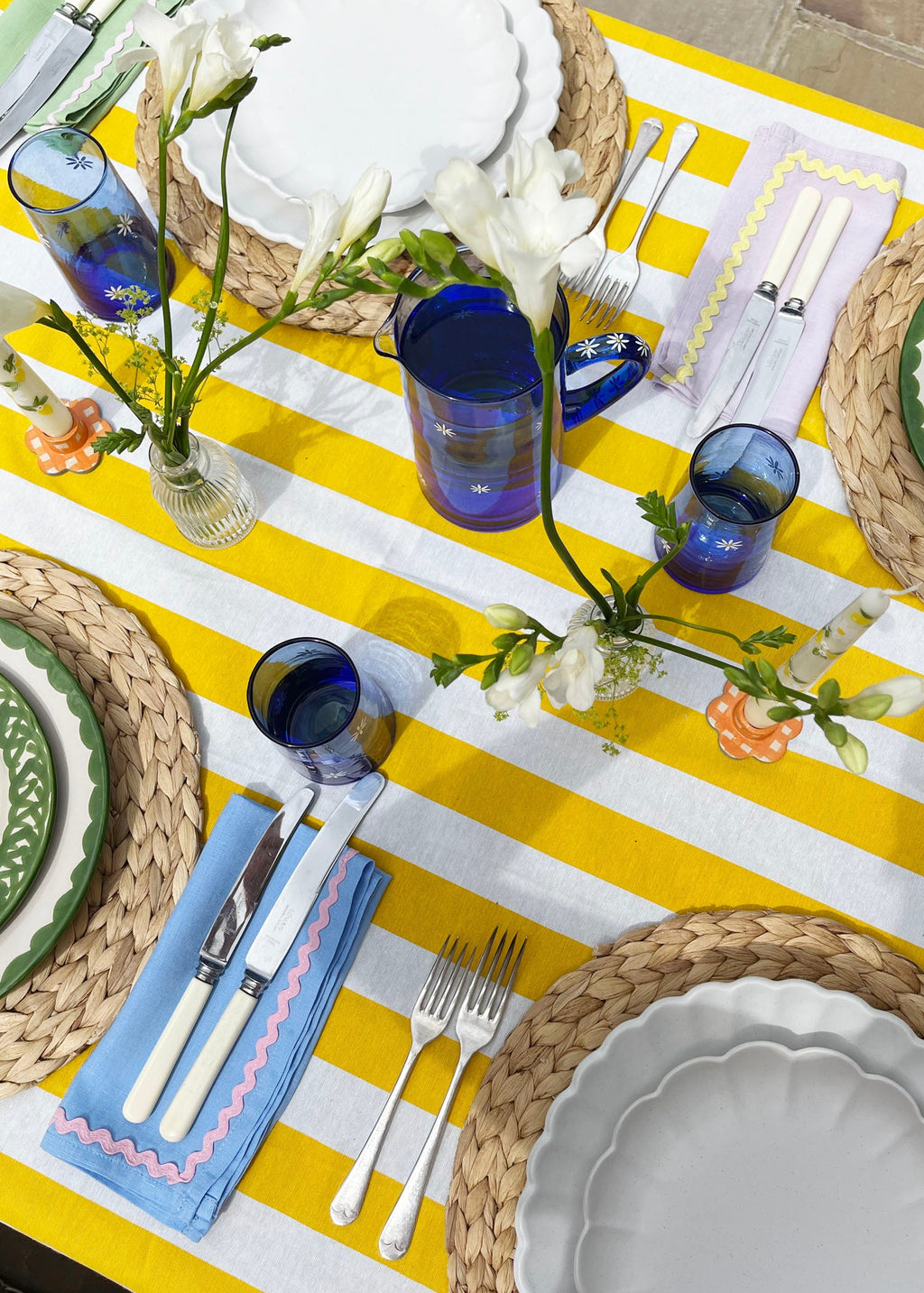 Linen blue & coral ric-rac napkin set of 2