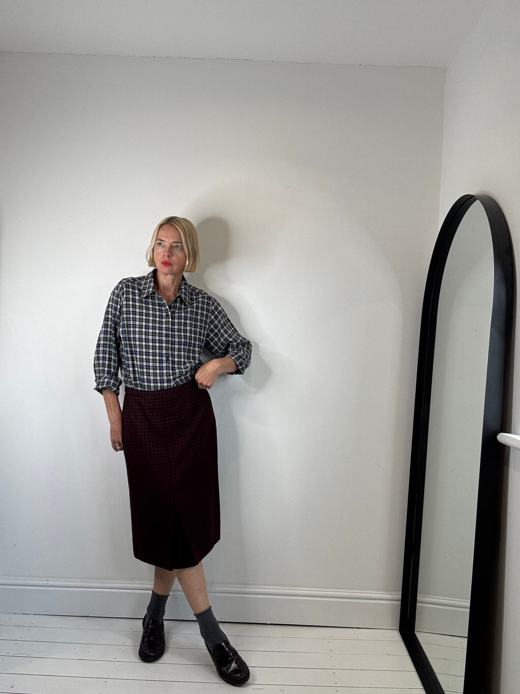 Wool check skirt with box pleat