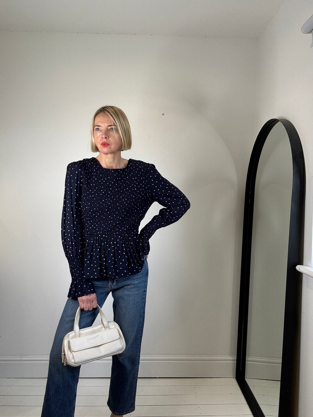 Spot print long sleeve crepe top