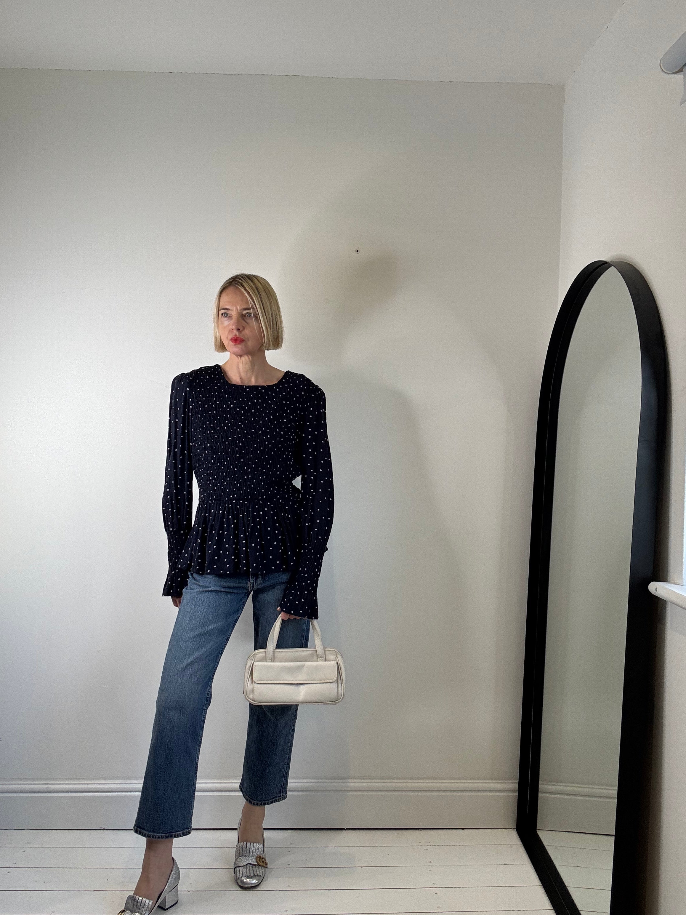 Spot print long sleeve crepe top