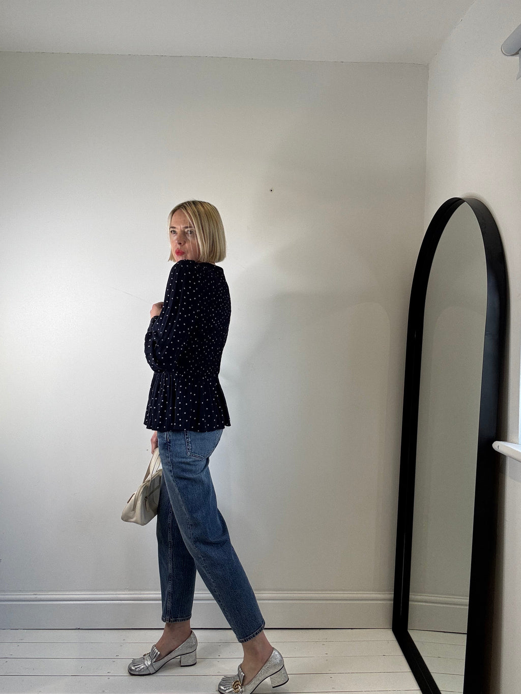 Spot print long sleeve crepe top