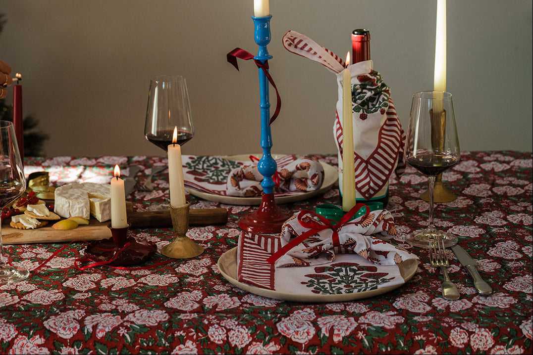 IN BLOOM BLUE hand block printed tablecloth