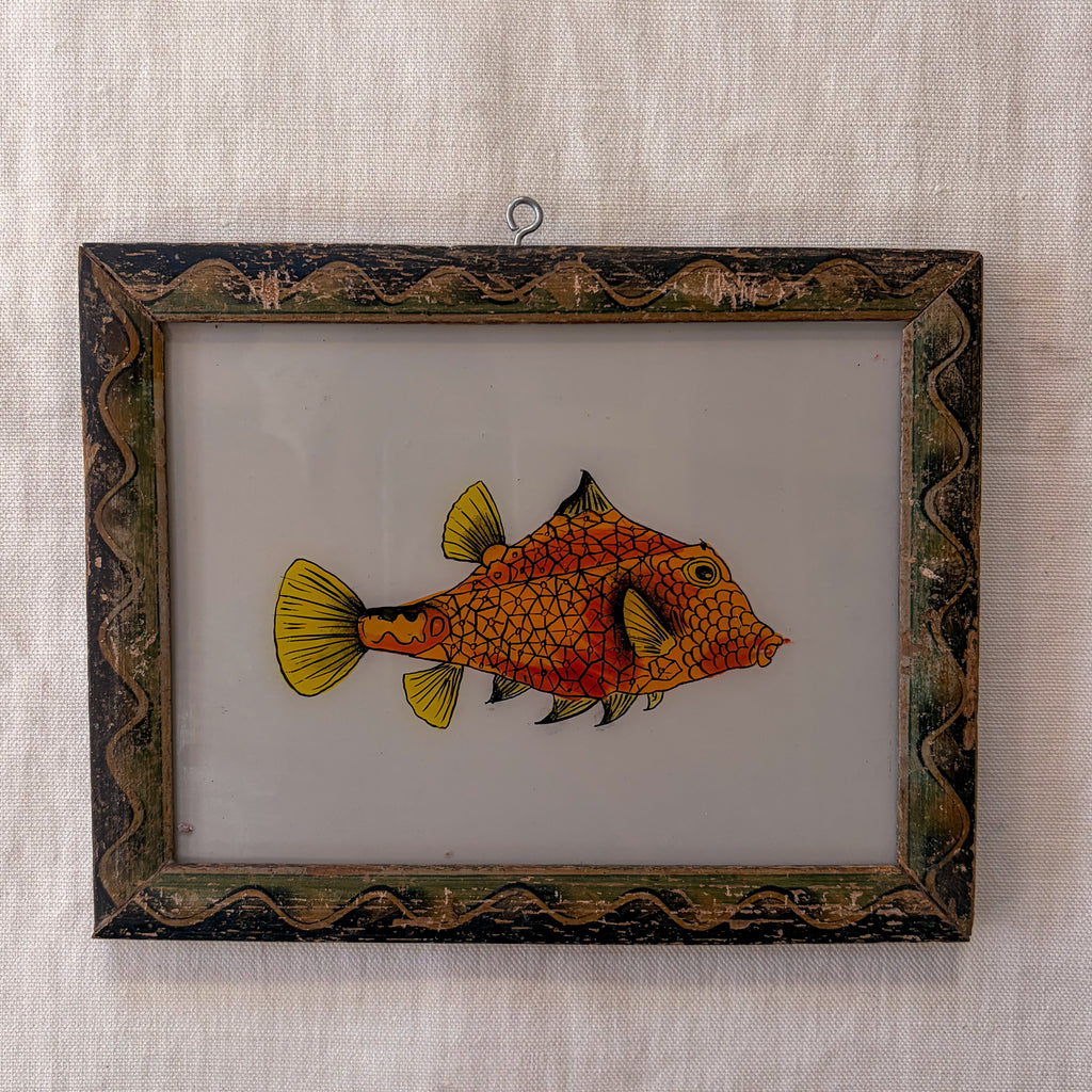 ORANGE FISH PATTERNED FRAME Indian glass painting