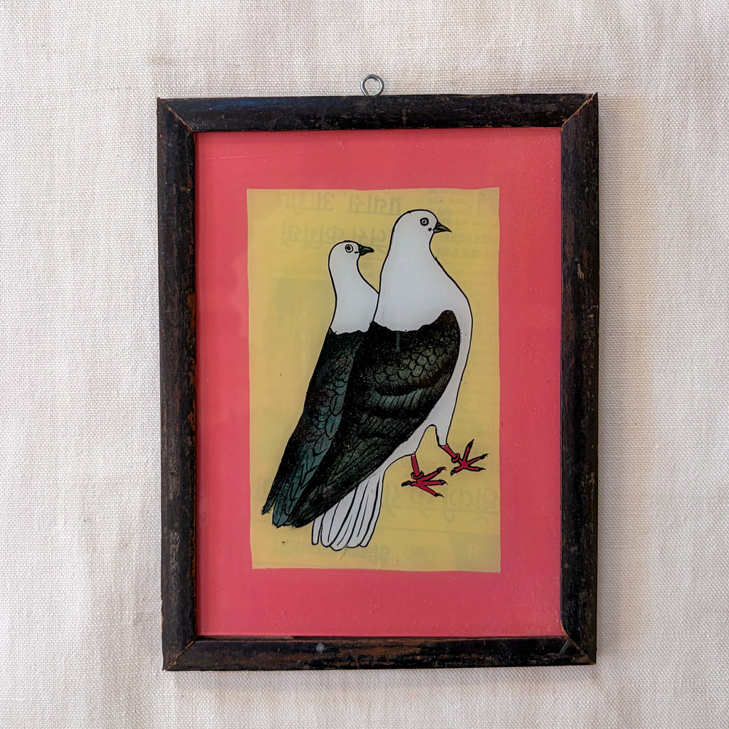 PAIR OF PIGEONS Indian glass painting