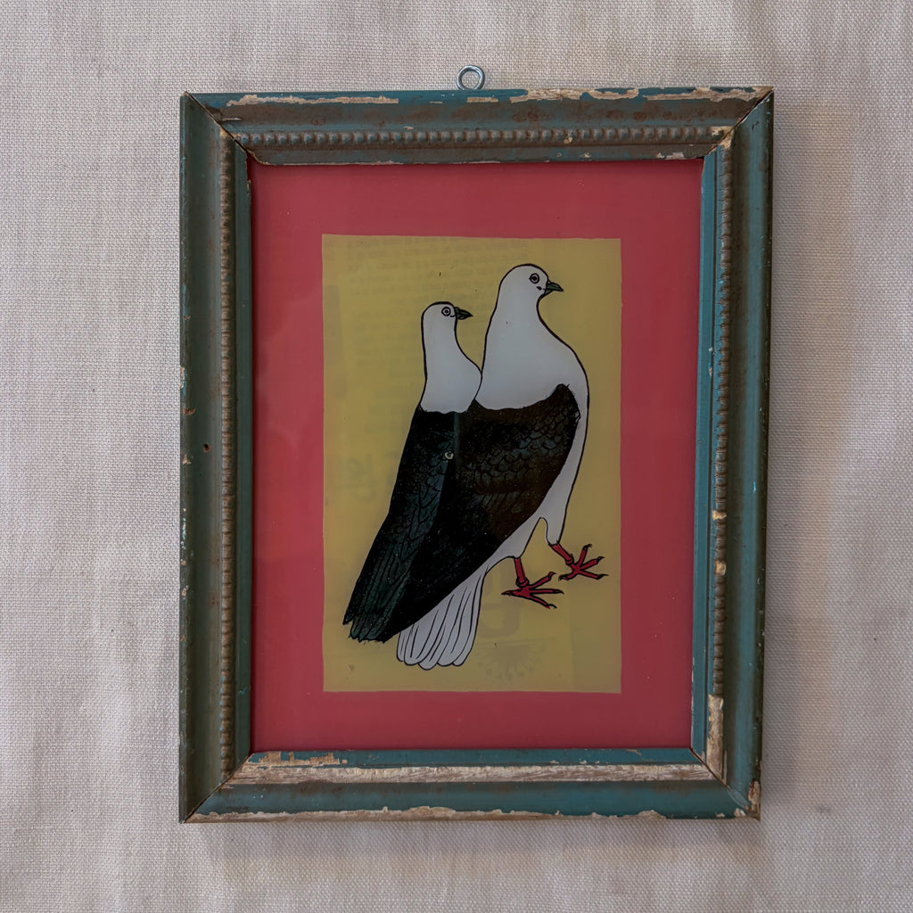 PAIR OF PIGEONS  BLUE FRAME Indian glass painting