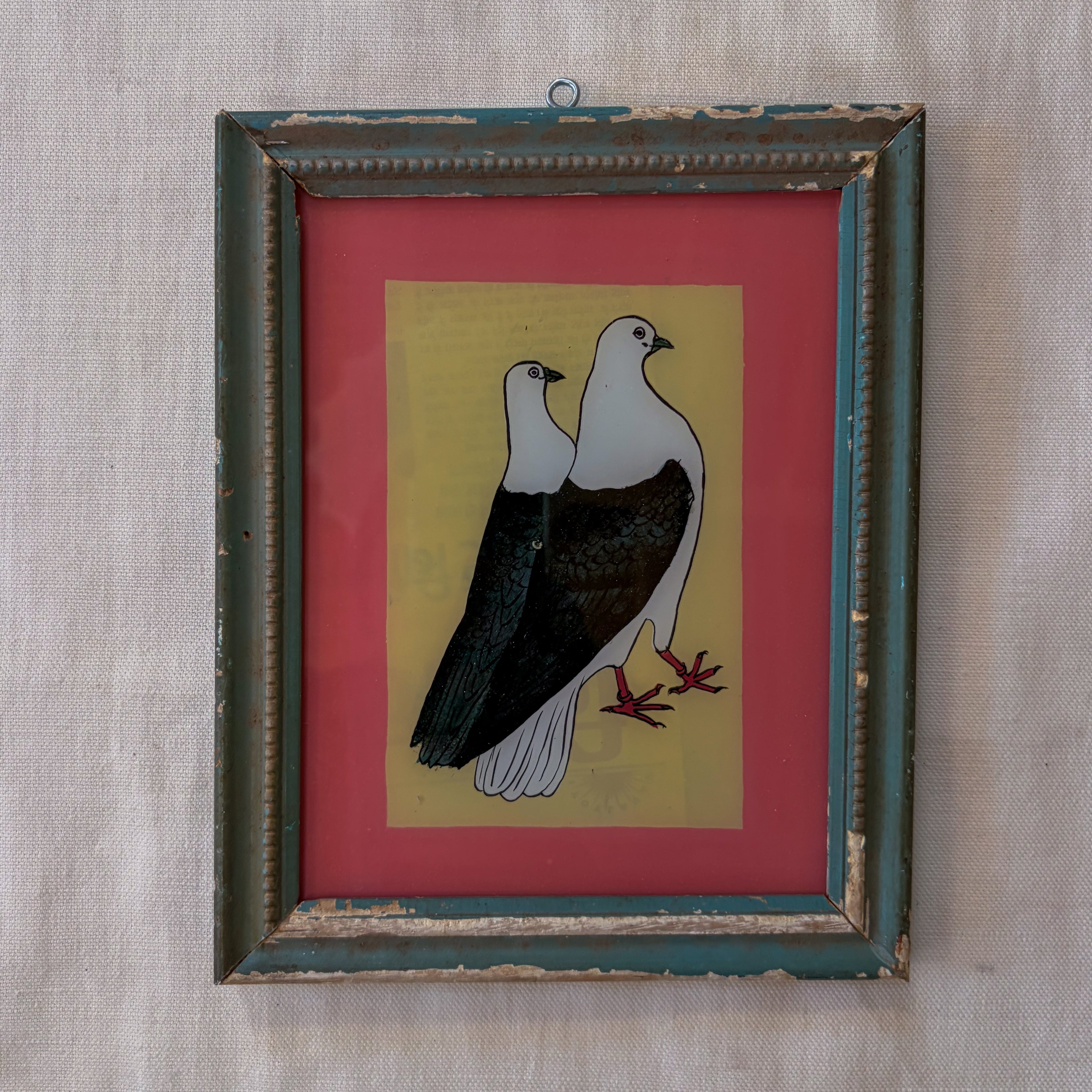 PAIR OF PIGEONS  BLUE FRAME Indian glass painting