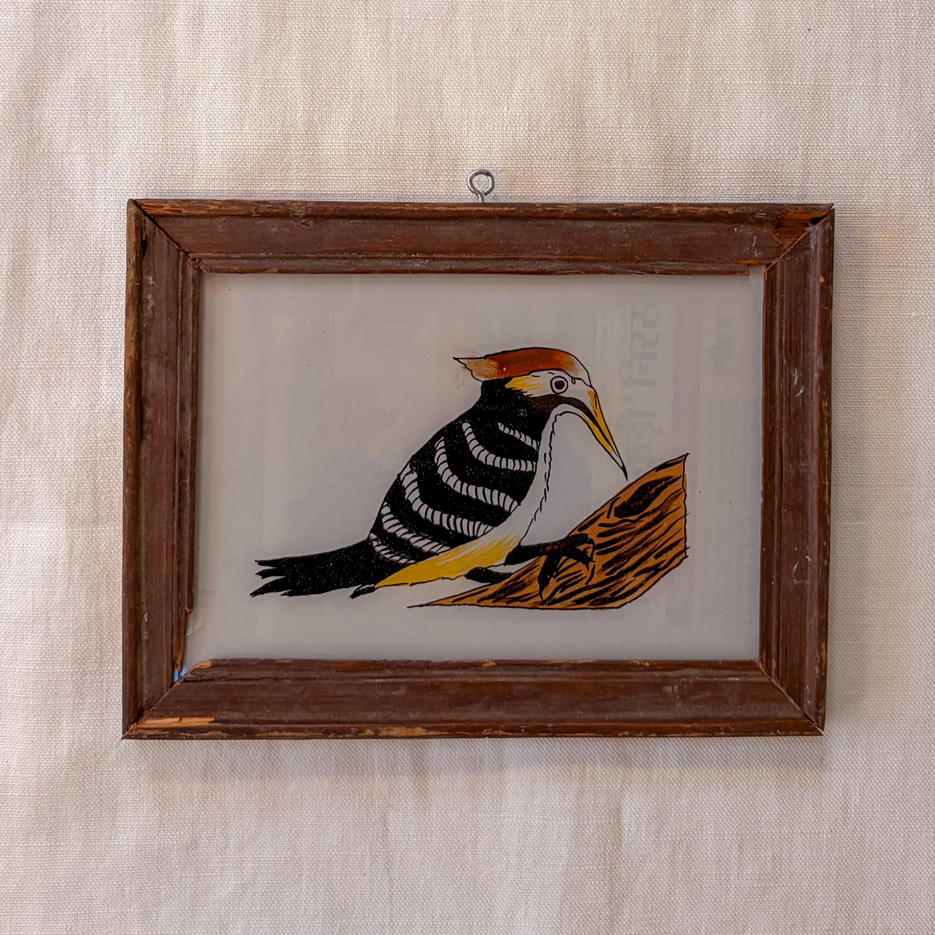 STRIPY BIRD BROWN FRAME Indian glass painting