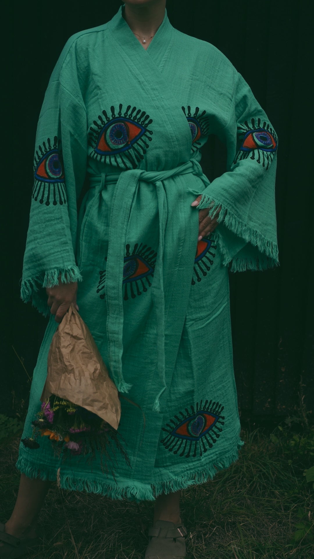 Long Cotton Robe: Jade Green Eye