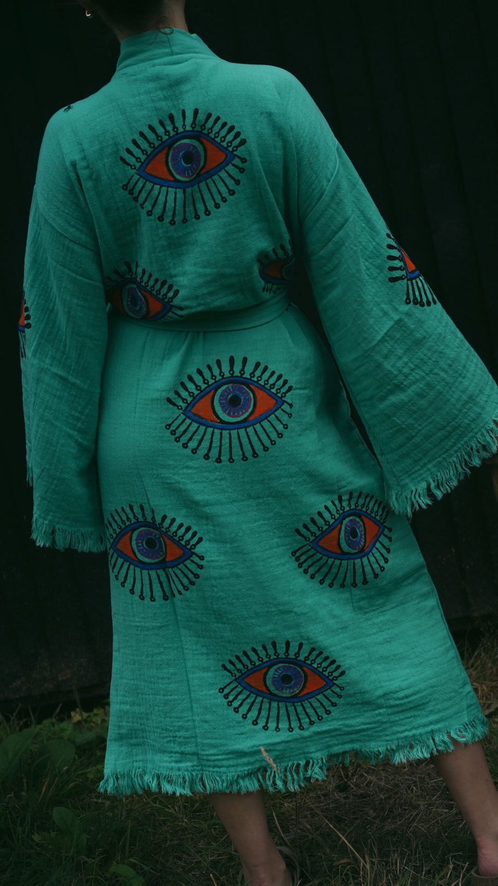 Long Cotton Robe: Jade Green Eye