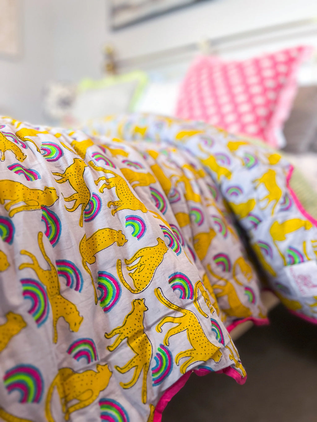 HANDMADE SCALLOP STANDARD QUILT | NEON RAINBOW LEOPARD